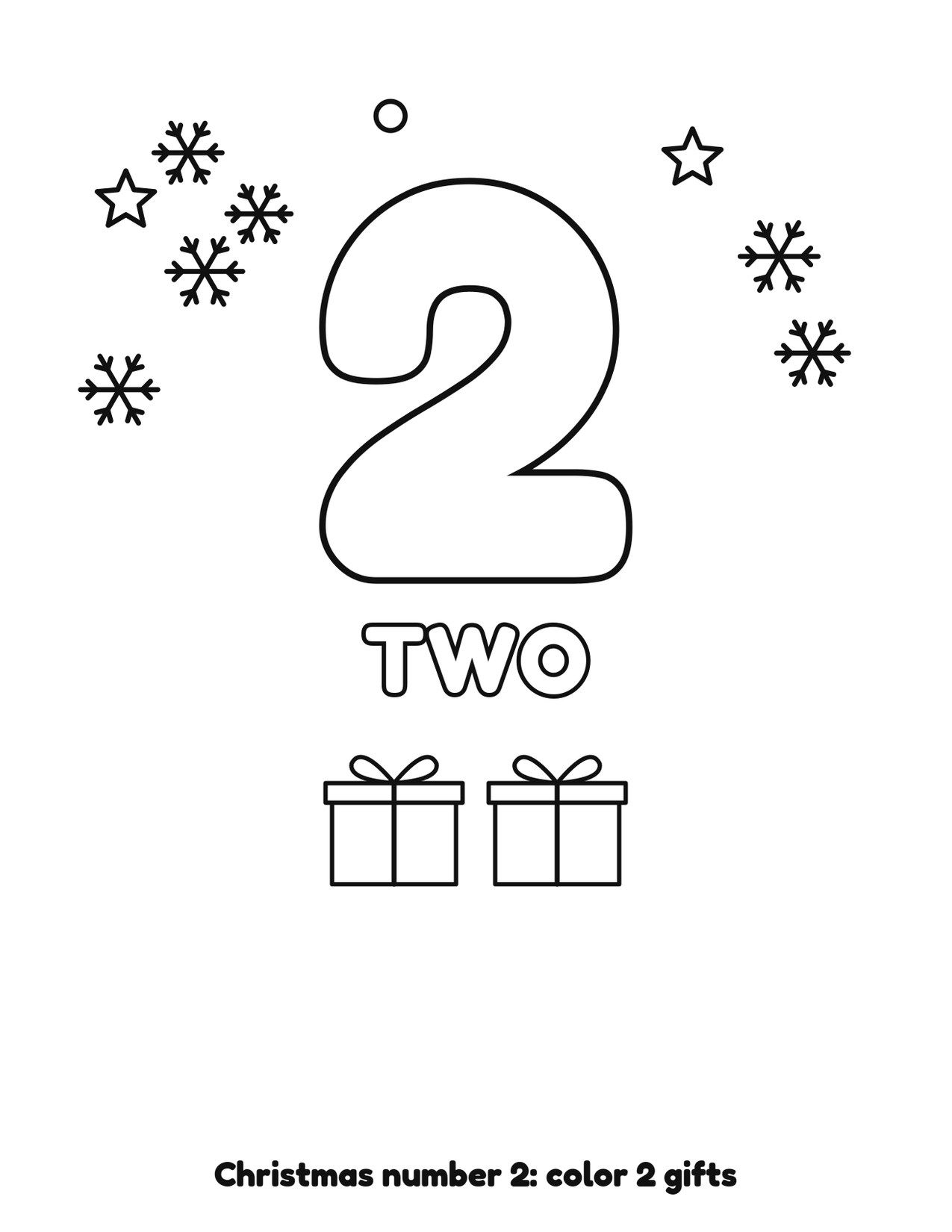 Christmas number 2 (two) coloring page with 2 gifts and snowflakes to color
