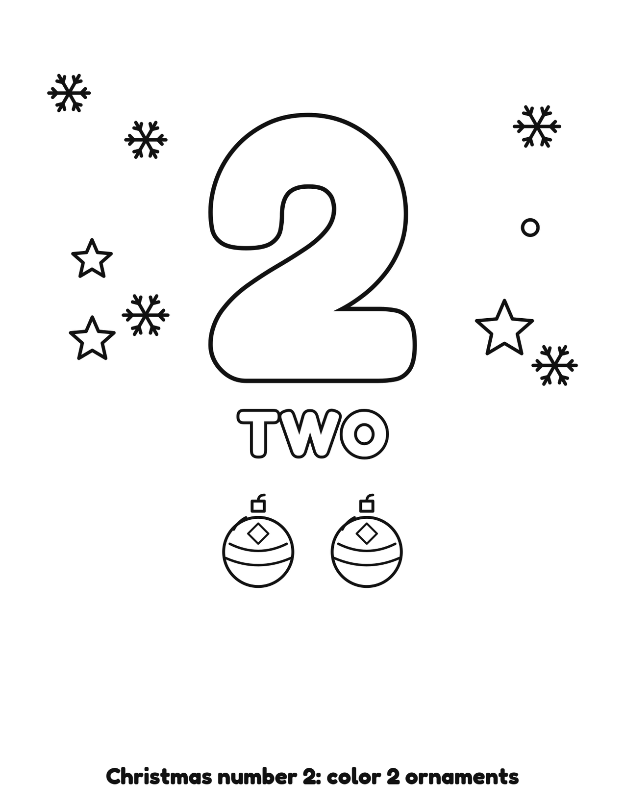 Christmas number 2 (two) coloring page with 2 ornaments and snowflakes to color