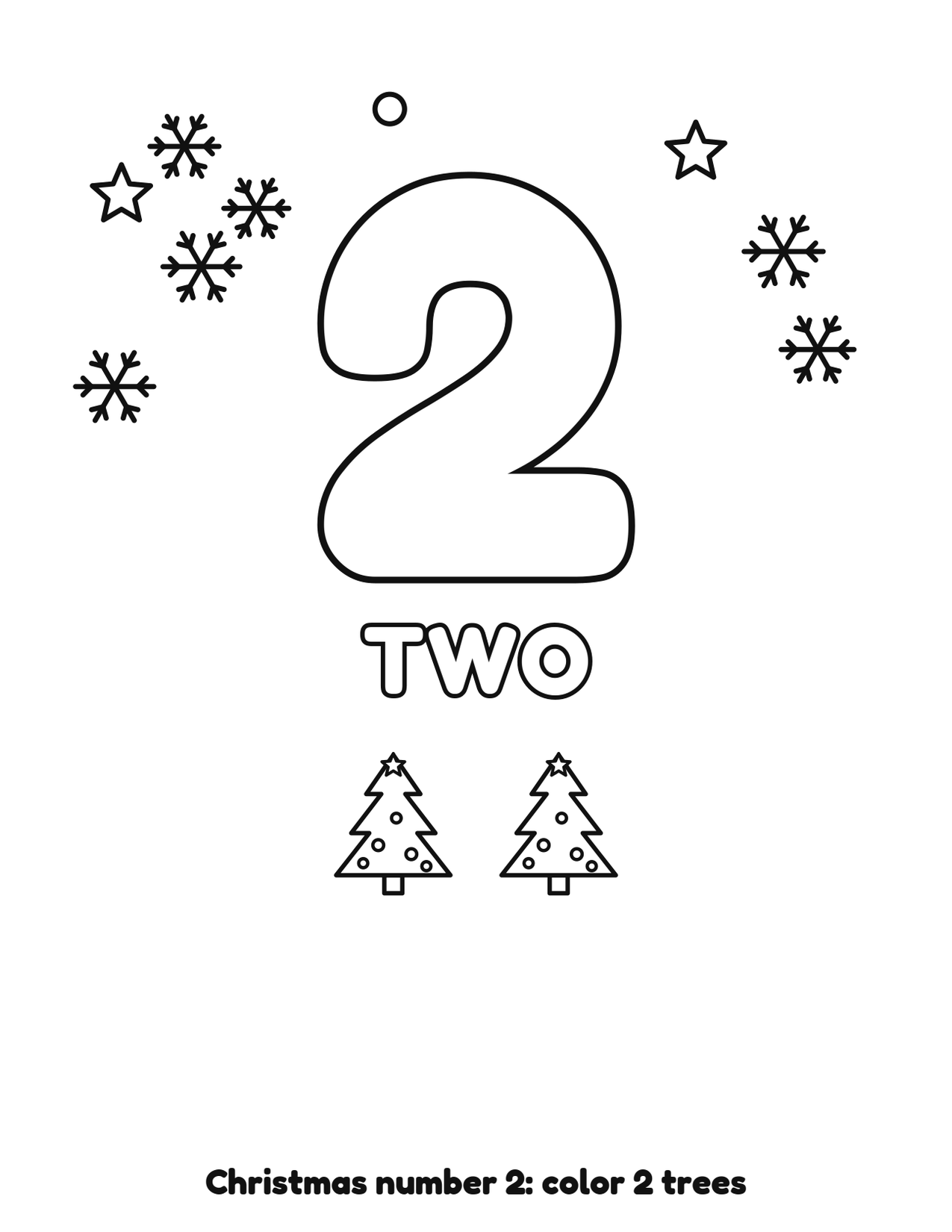 Christmas number 2 (two) coloring page with 2 trees and snowflakes to color