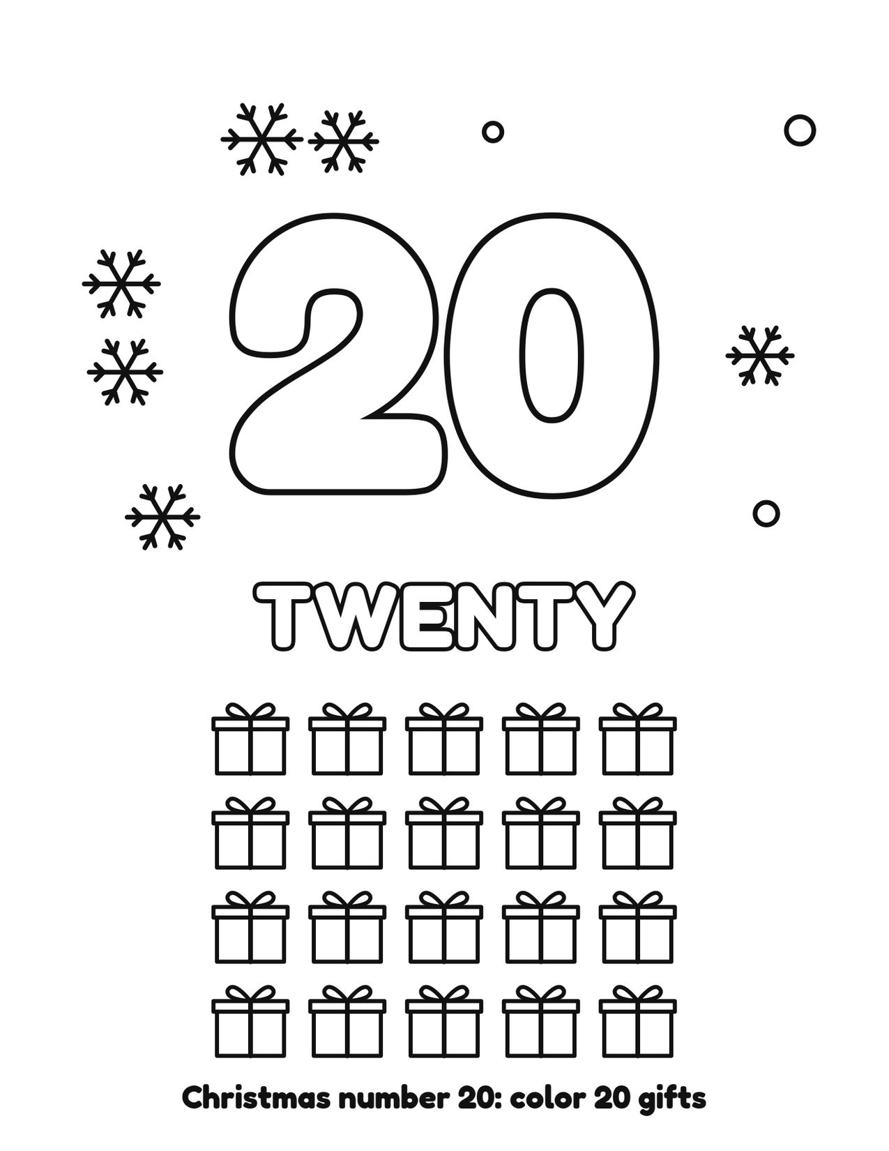 Christmas number 20 (twenty) coloring page with 20 gifts and snowflakes to color