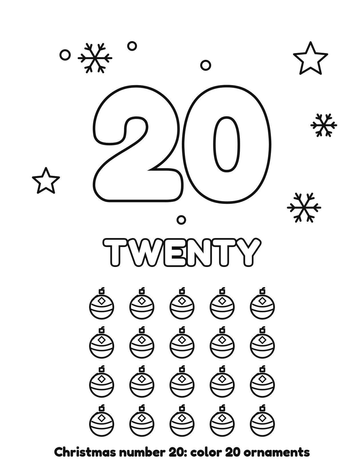 Christmas number 20 (twenty) coloring page with 20 ornaments and snowflakes to color
