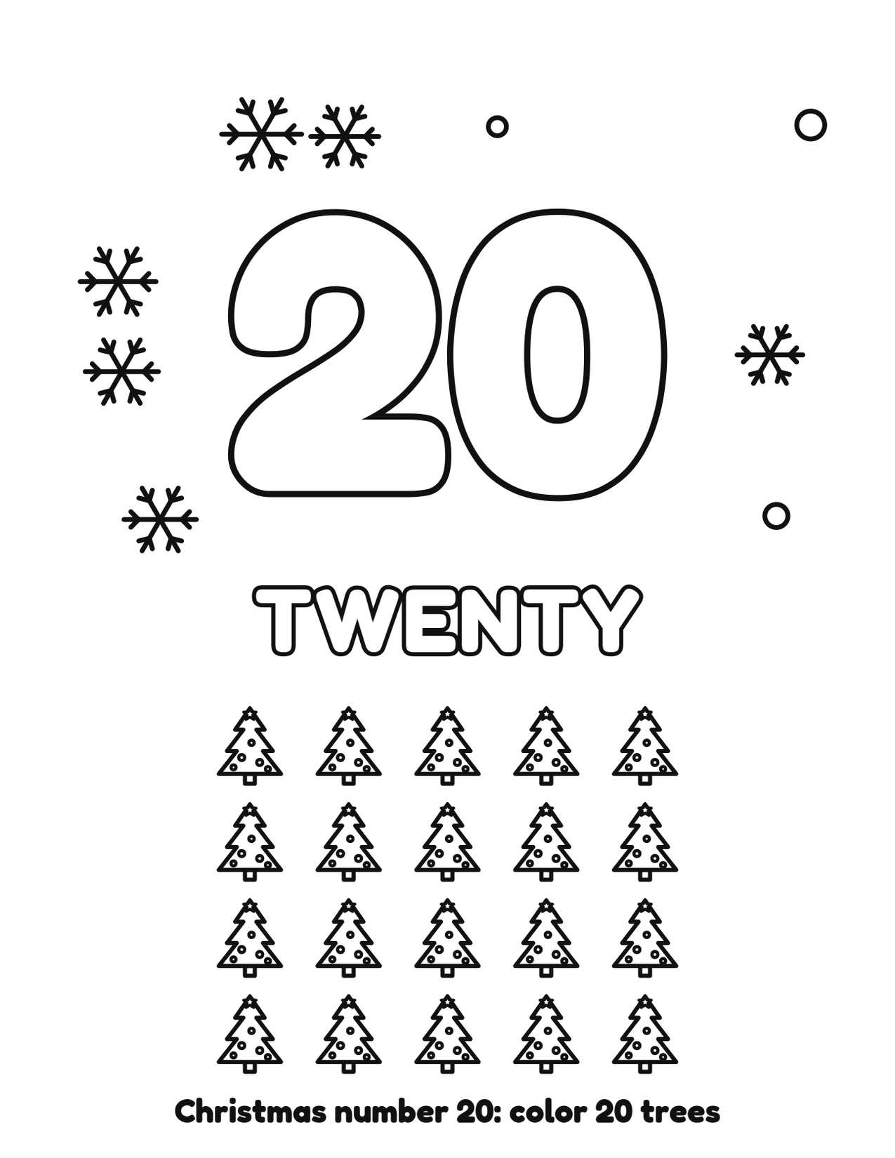 Christmas number 20 (twenty) coloring page with 20 trees and snowflakes to color
