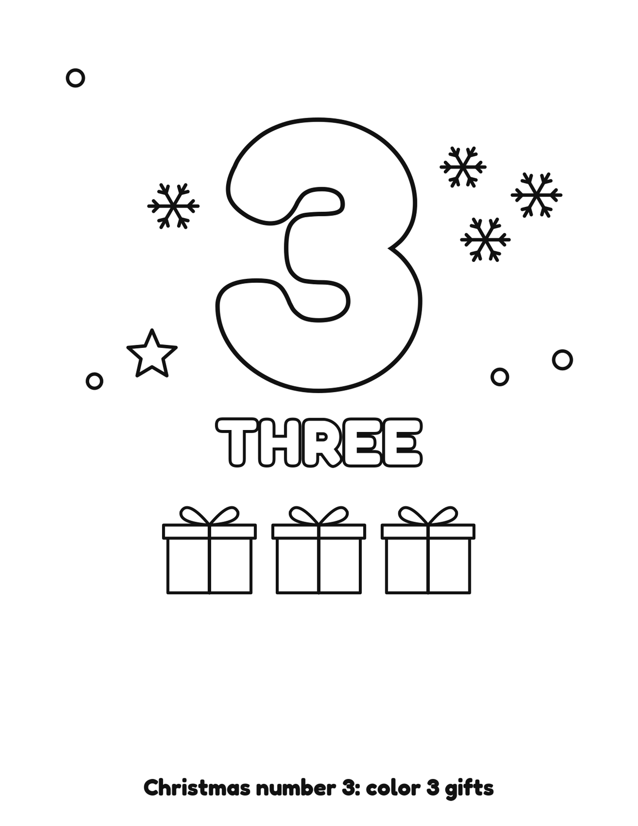 Christmas number 3 (three) coloring page with 3 gifts and snowflakes to color
