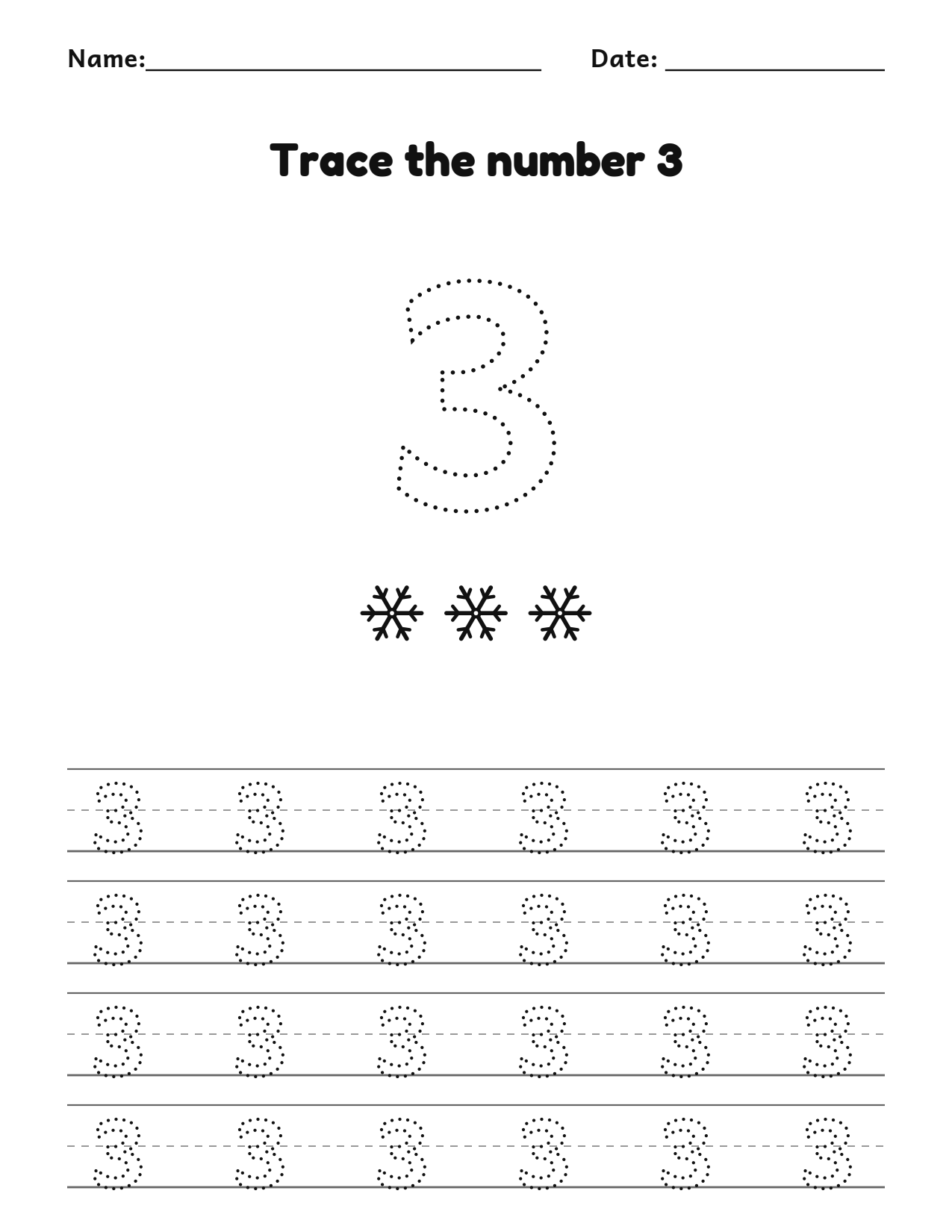 Christmas number 3 (three) tracing worksheet with 3 snowflakes and writing lines