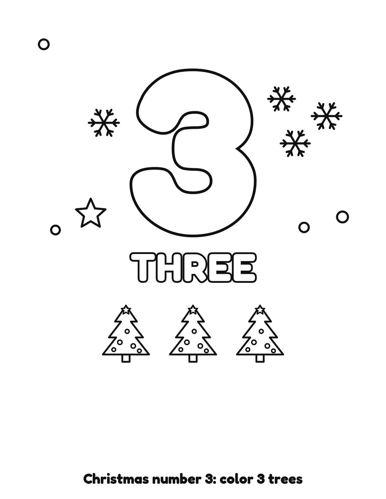 Christmas number 3 (three) coloring page with 3 trees and snowflakes to color