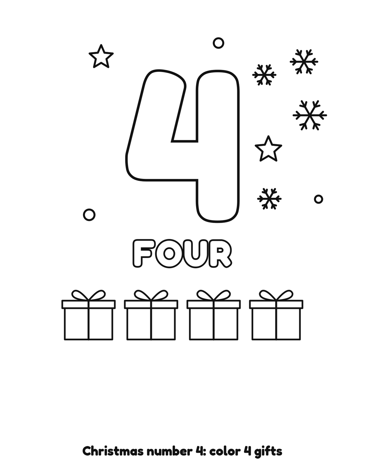 Christmas number 4 (four) coloring page with 4 gifts and snowflakes to color