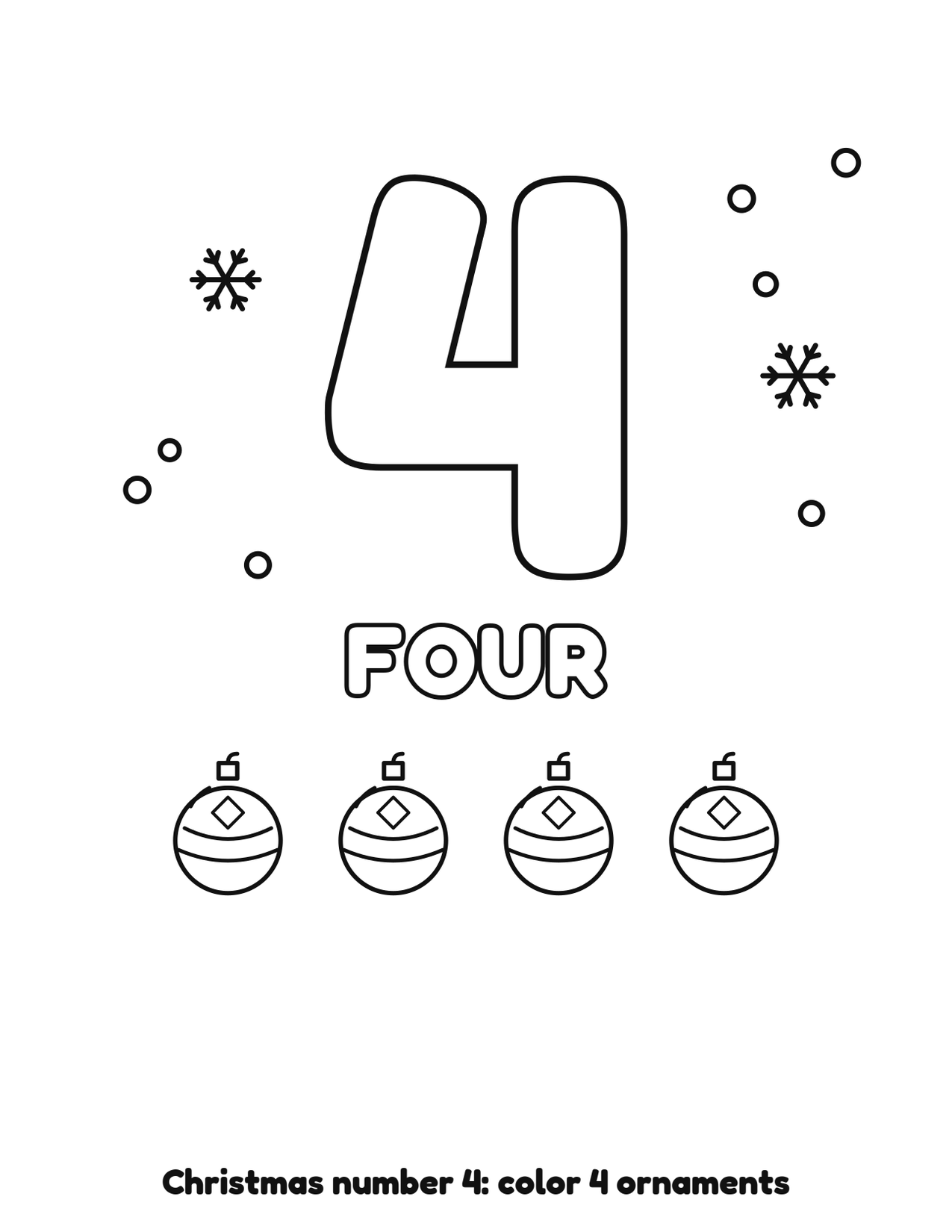 Christmas number 4 (four) coloring page with 4 ornaments and snowflakes to color