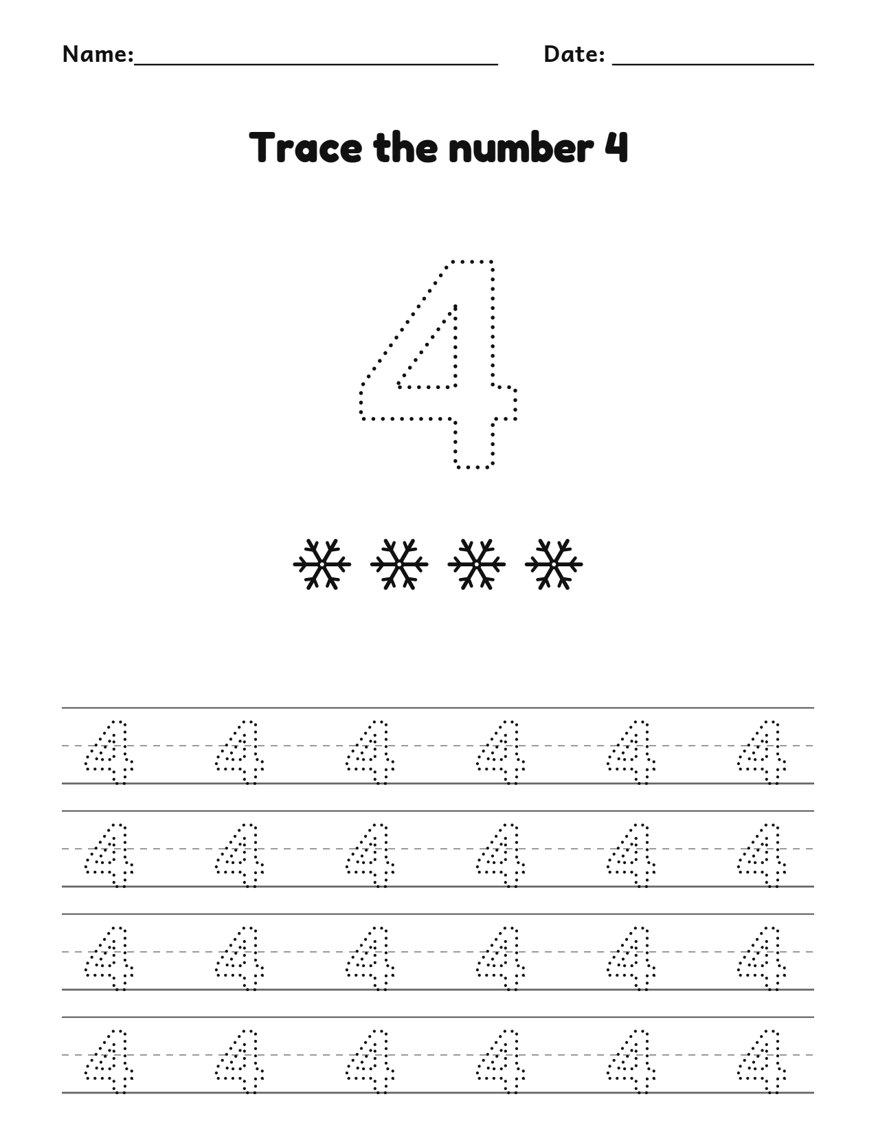 Christmas number 4 (four) tracing worksheet with 4 snowflakes and writing lines