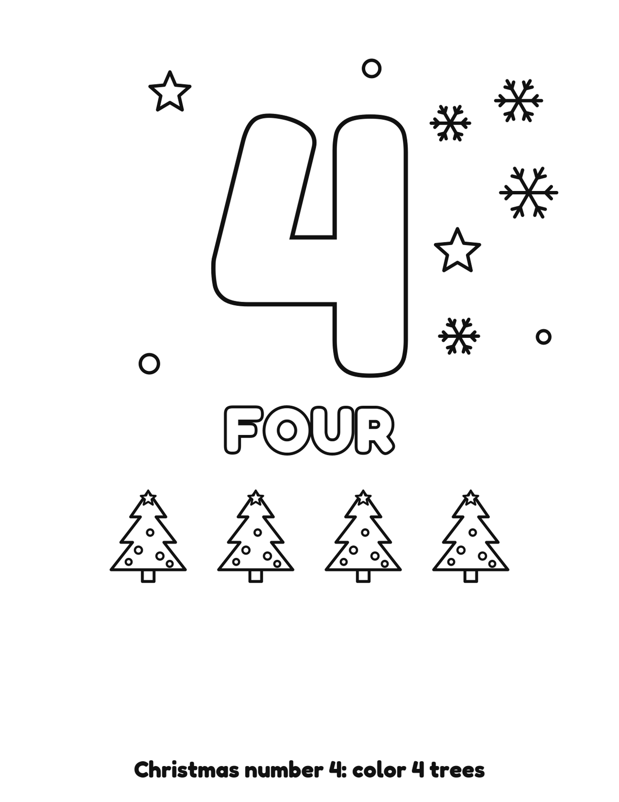 Christmas number 4 (four) coloring page with 4 trees and snowflakes to color