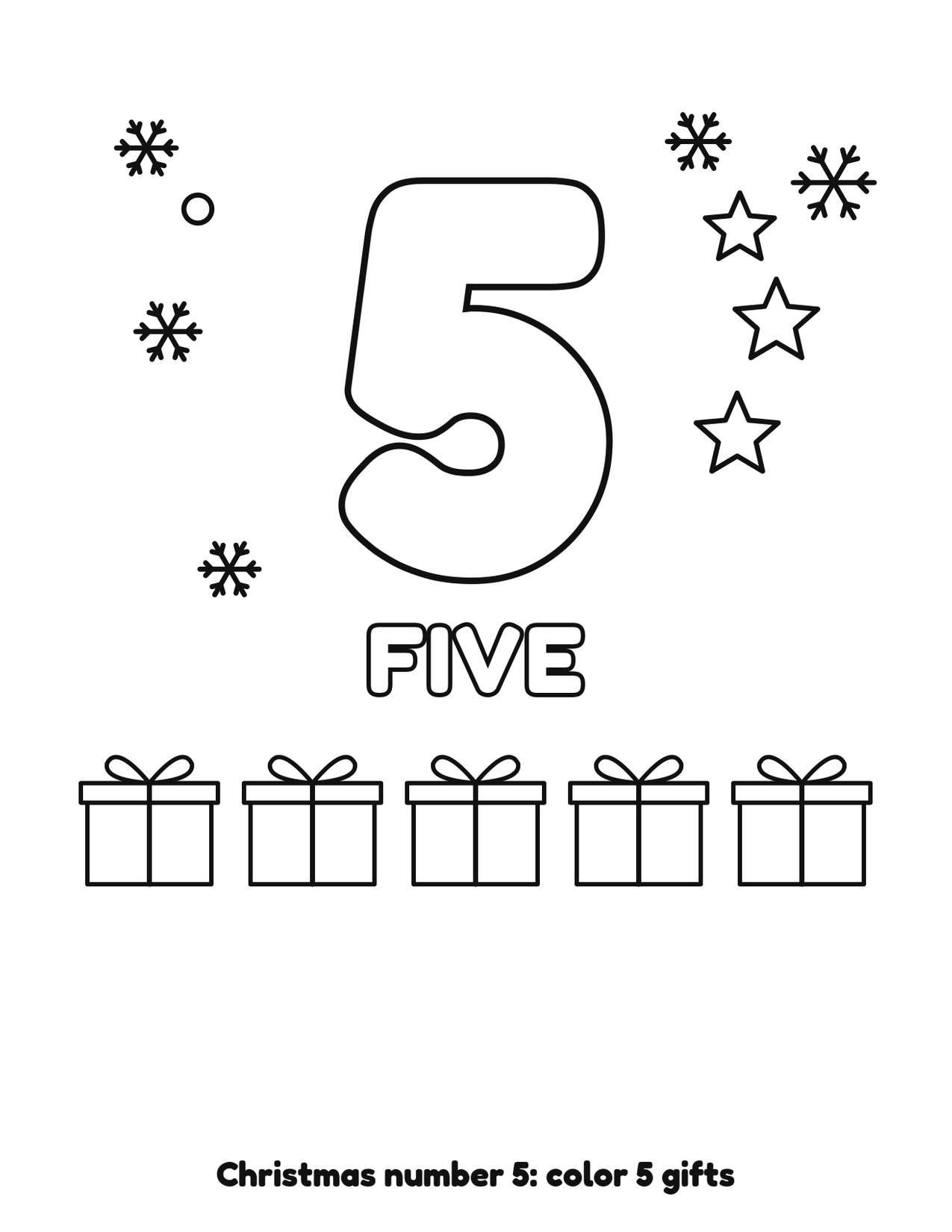 Christmas number 5 (five) coloring page with 5 gifts and snowflakes to color
