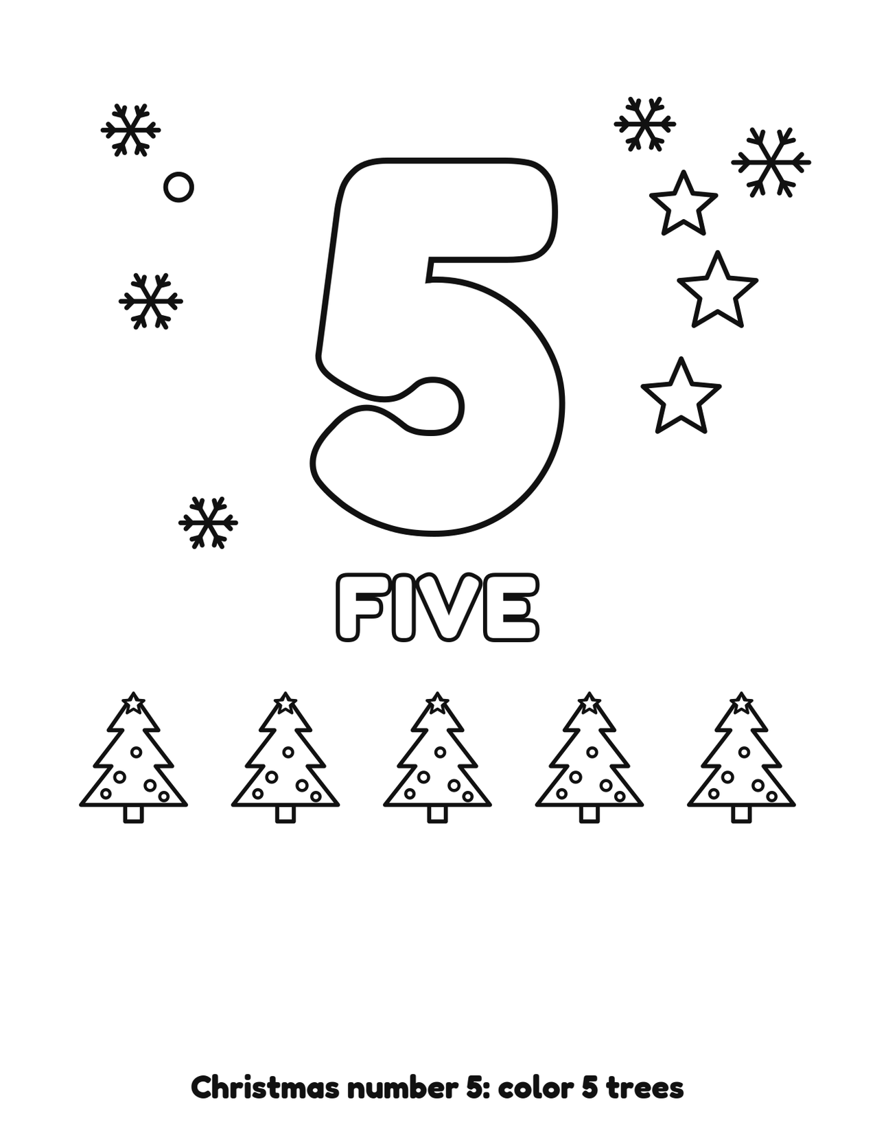 Christmas number 5 (five) coloring page with 5 trees and snowflakes to color