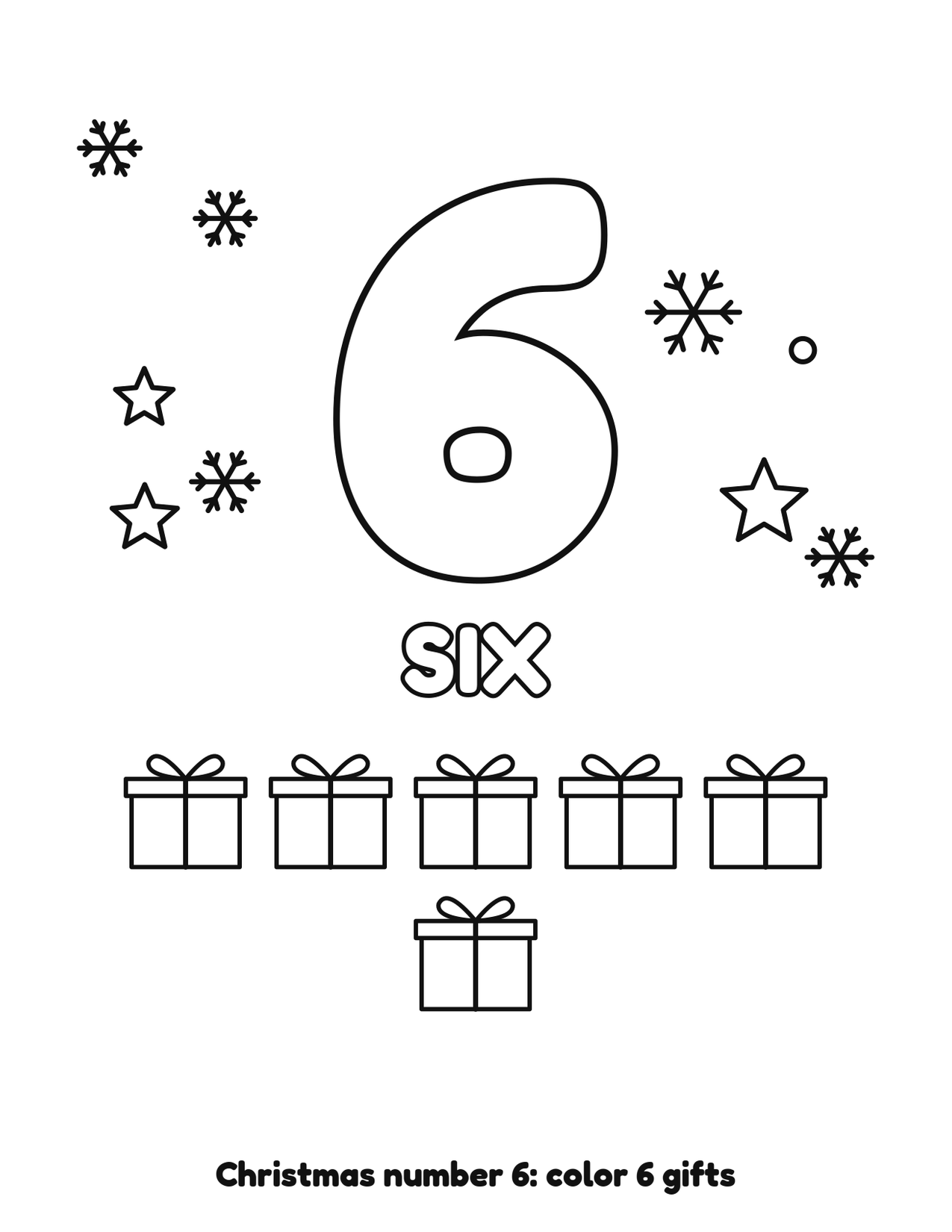 Christmas number 6 (six) coloring page with 6 gifts and snowflakes to color