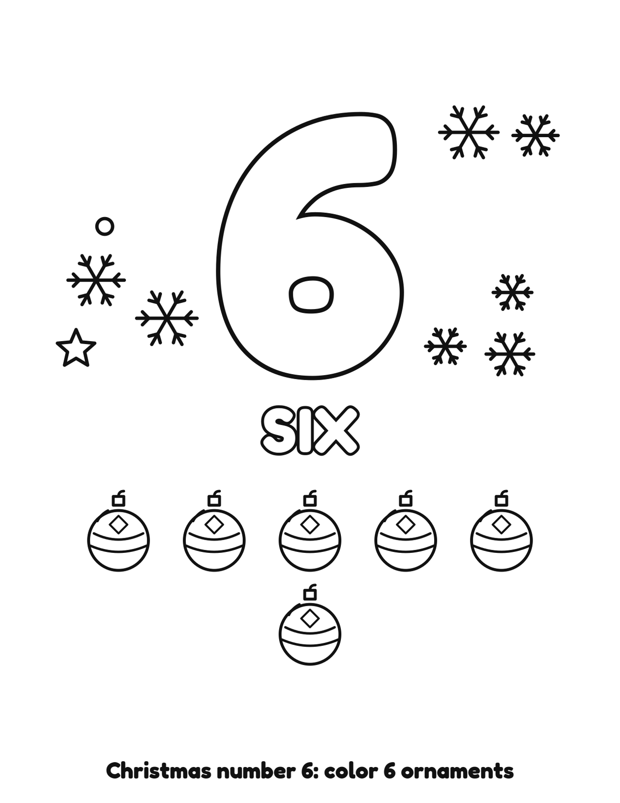 Christmas number 6 (six) coloring page with 6 ornaments and snowflakes to color