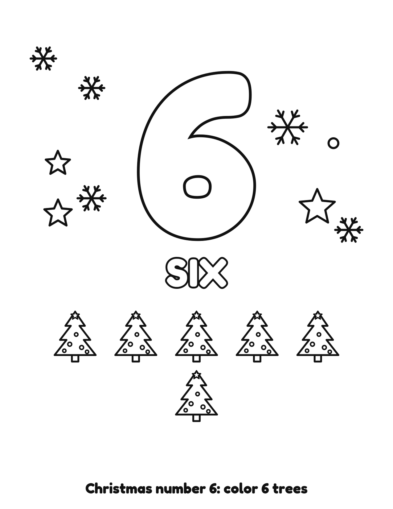 Christmas number 6 (six) coloring page with 6 trees and snowflakes to color