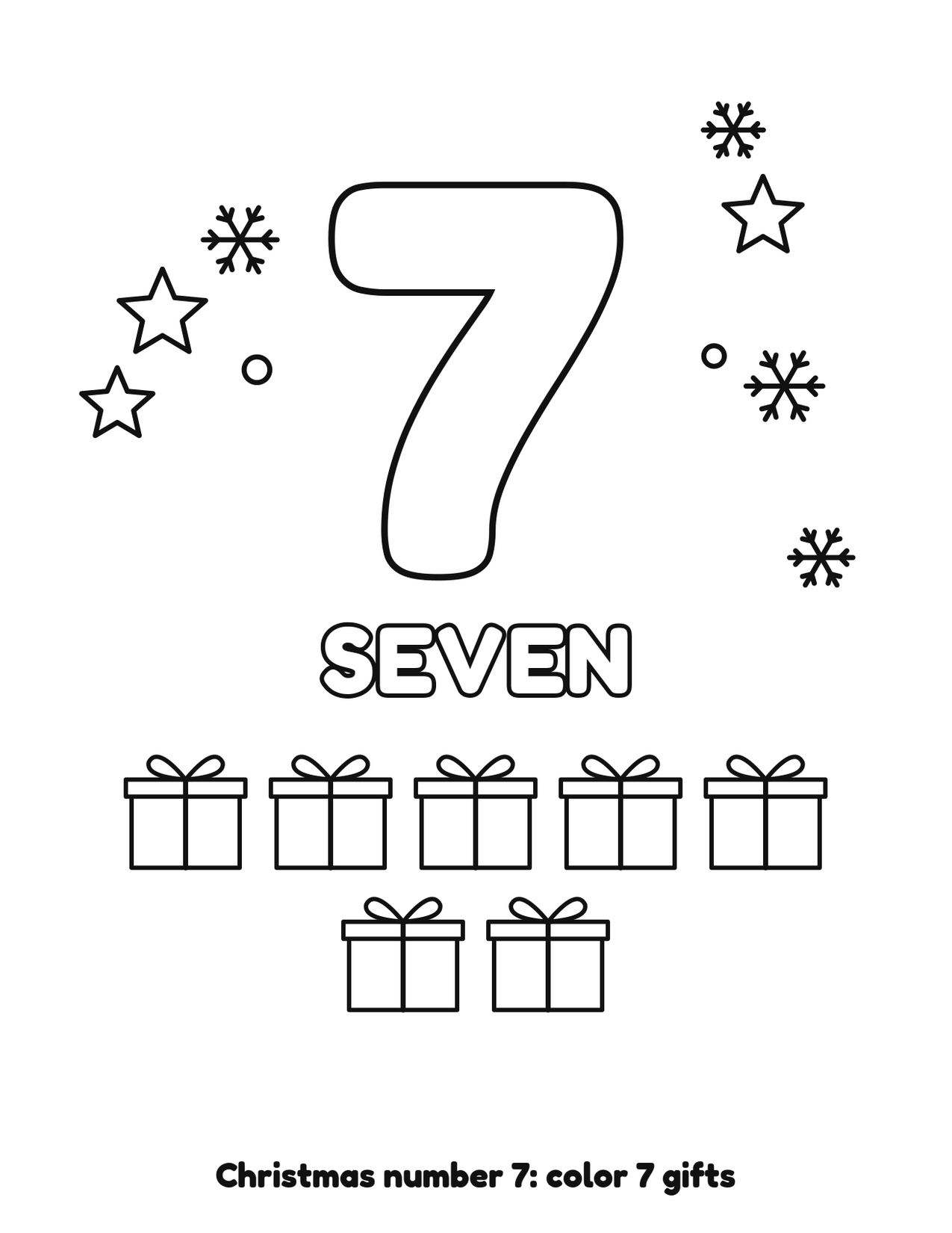 Christmas number 7 (seven) coloring page with 7 gifts and snowflakes to color
