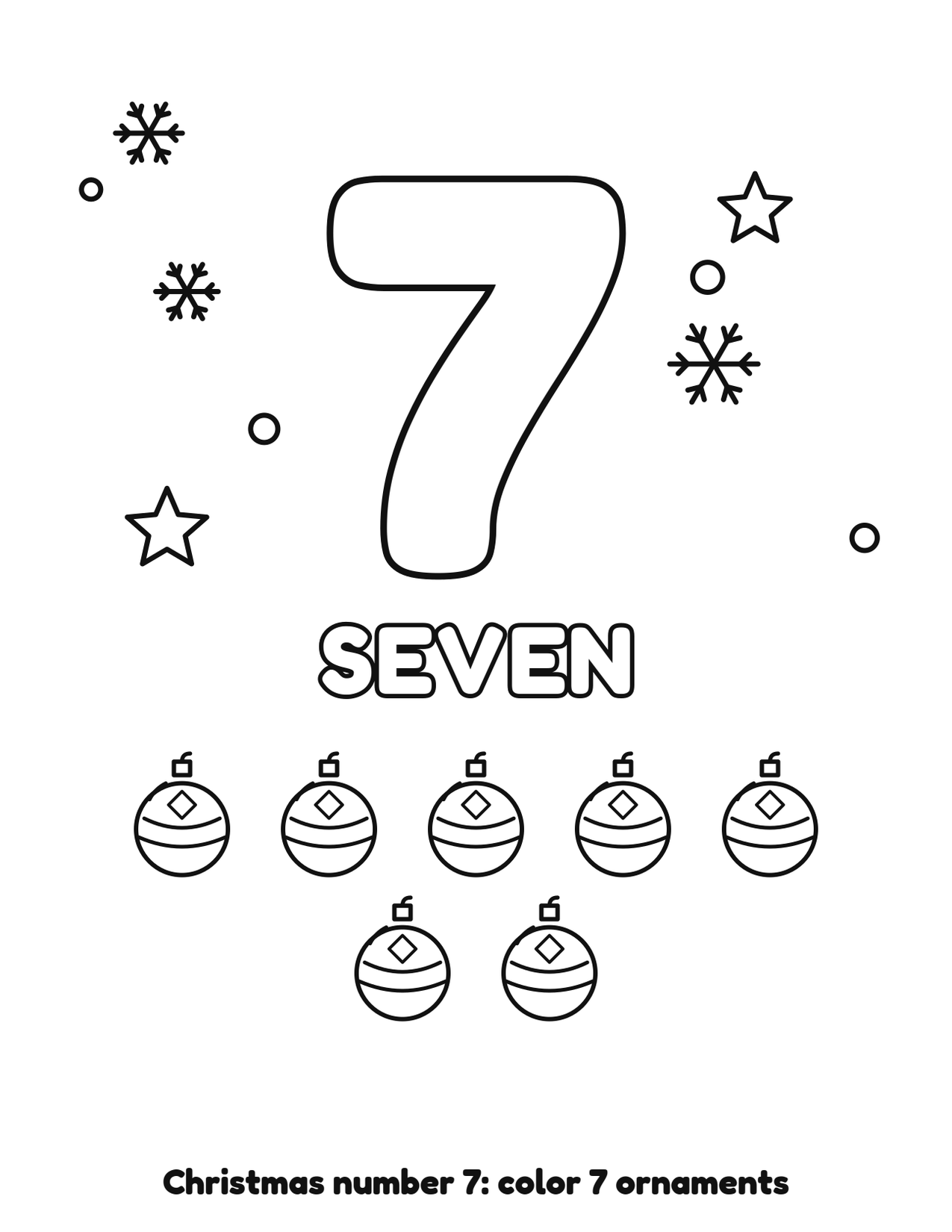 Christmas number 7 (seven) coloring page with 7 ornaments and snowflakes to color