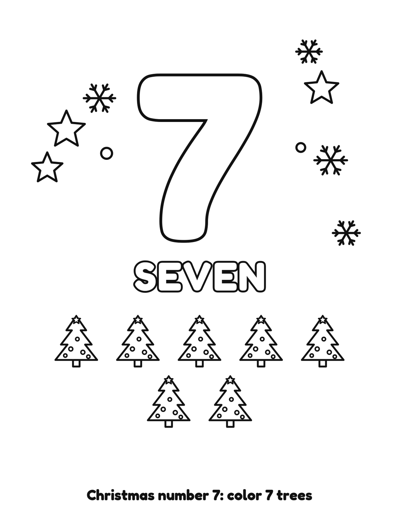 Christmas number 7 (seven) coloring page with 7 trees and snowflakes to color