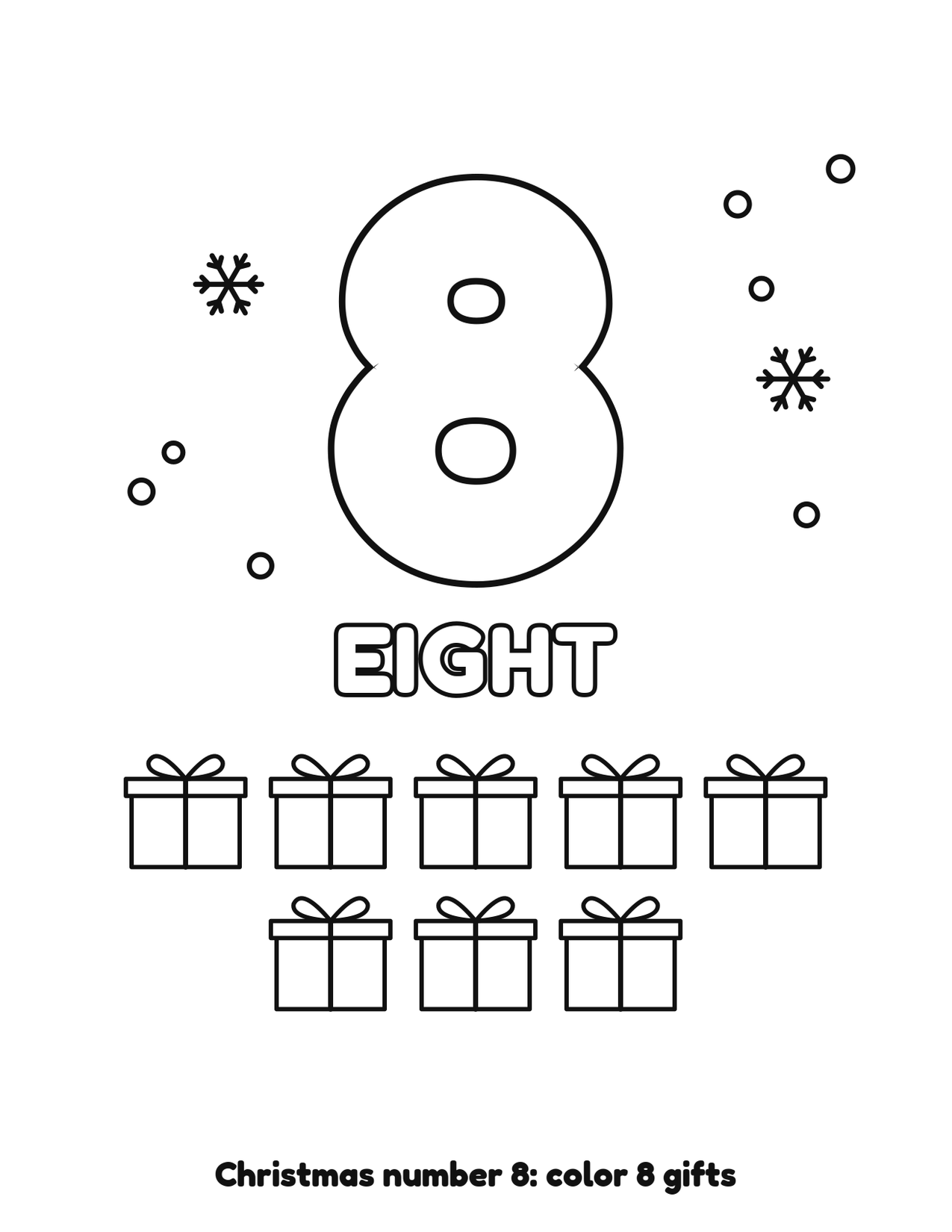 Christmas number 8 (eight) coloring page with 8 gifts and snowflakes to color