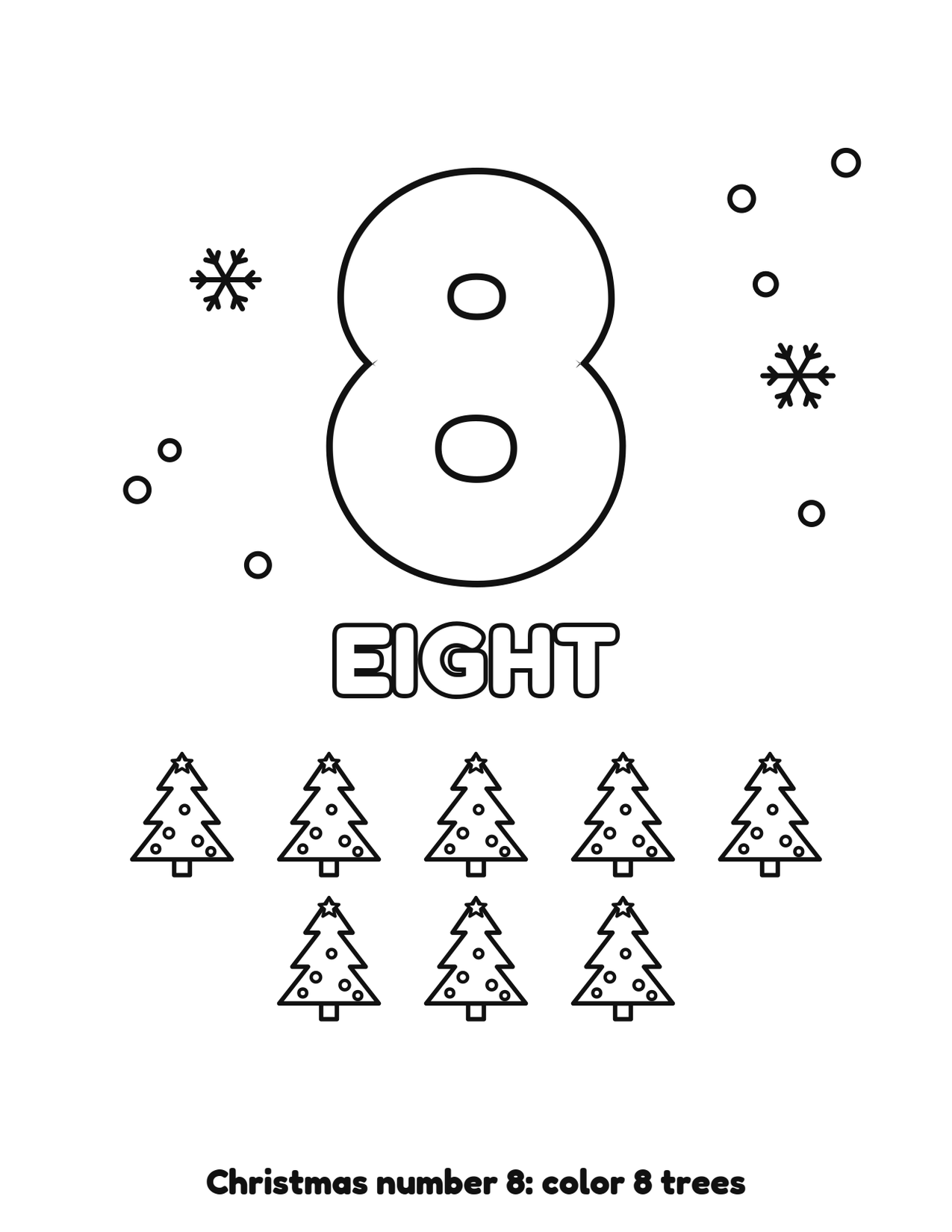 Christmas number 8 (eight) coloring page with 8 trees and snowflakes to color