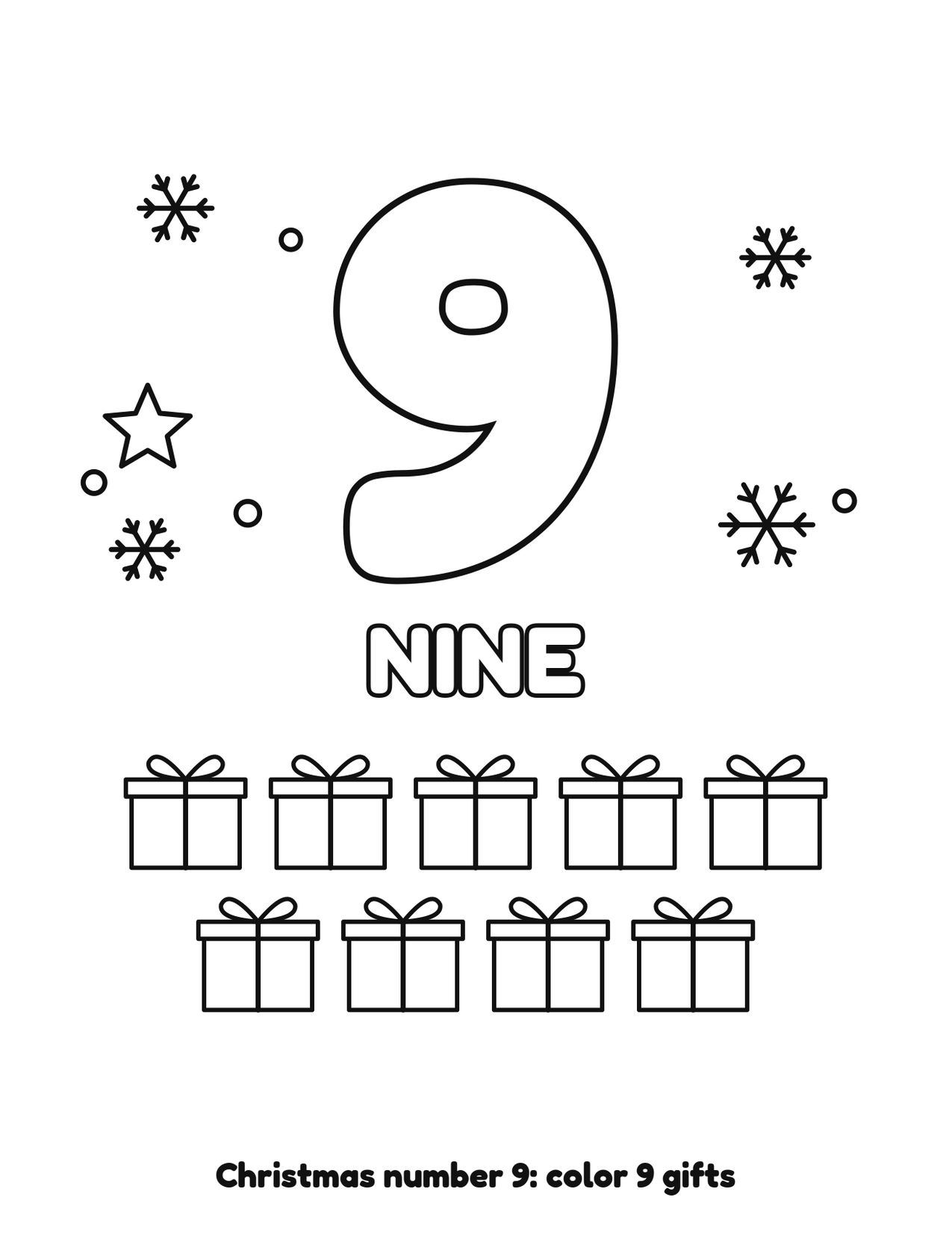 Christmas number 9 (nine) coloring page with 9 gifts and snowflakes to color