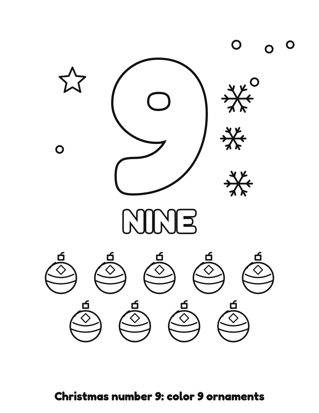 Christmas number 9 (nine) coloring page with 9 ornaments and snowflakes to color