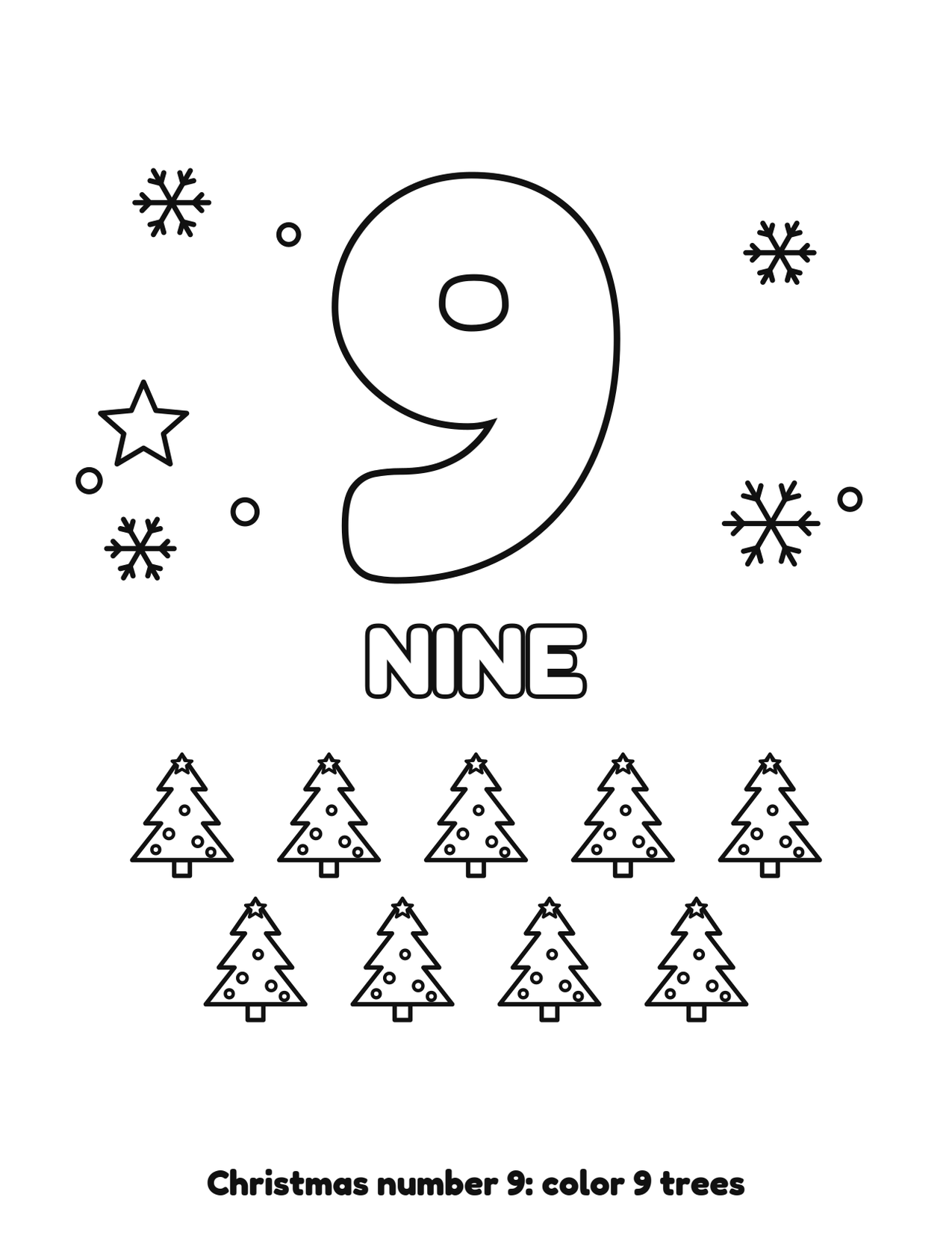 Christmas number 9 (nine) coloring page with 9 trees and snowflakes to color