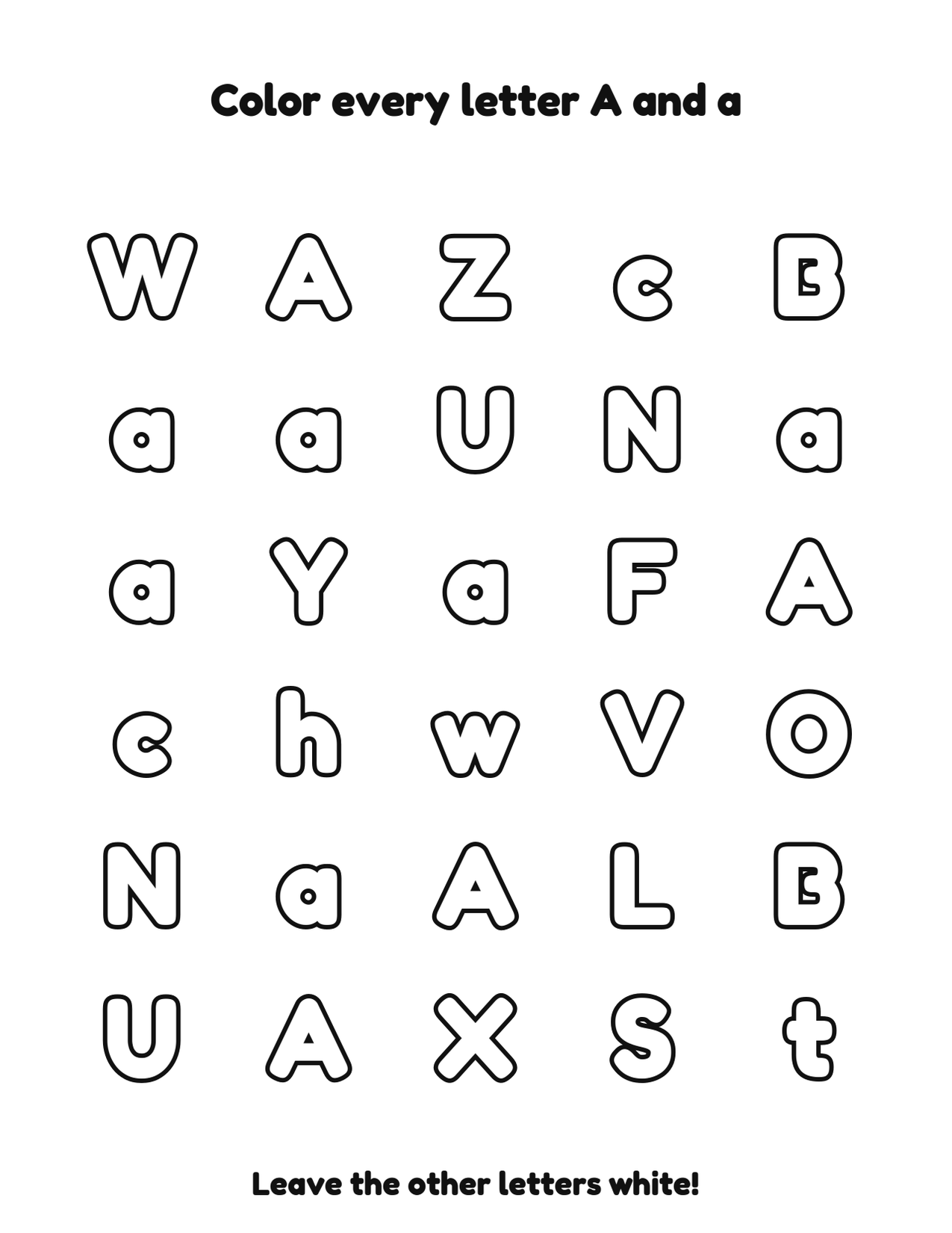 Color every letter A and a letter recognition coloring worksheet