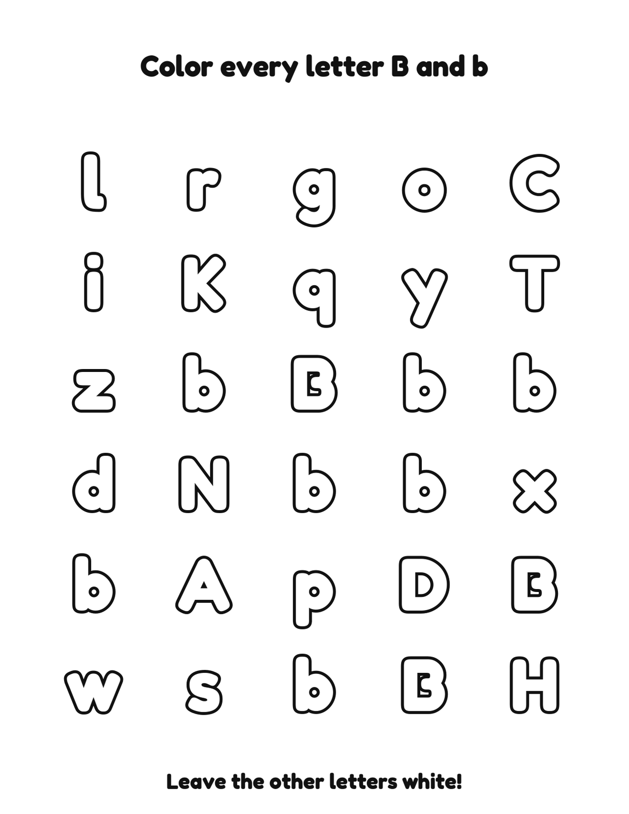 Color every letter B and b letter recognition coloring worksheet