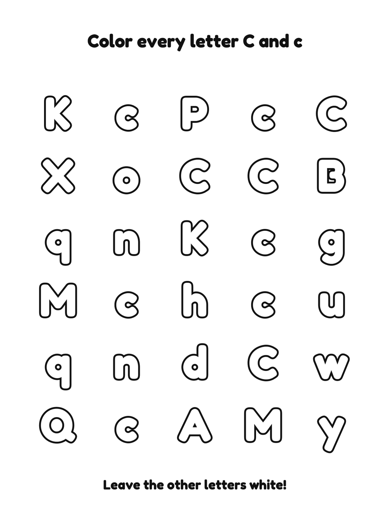 Color every letter C and c letter recognition coloring worksheet