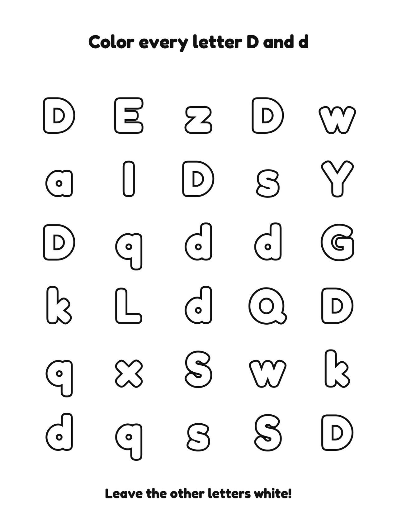Color every letter D and d letter recognition coloring worksheet