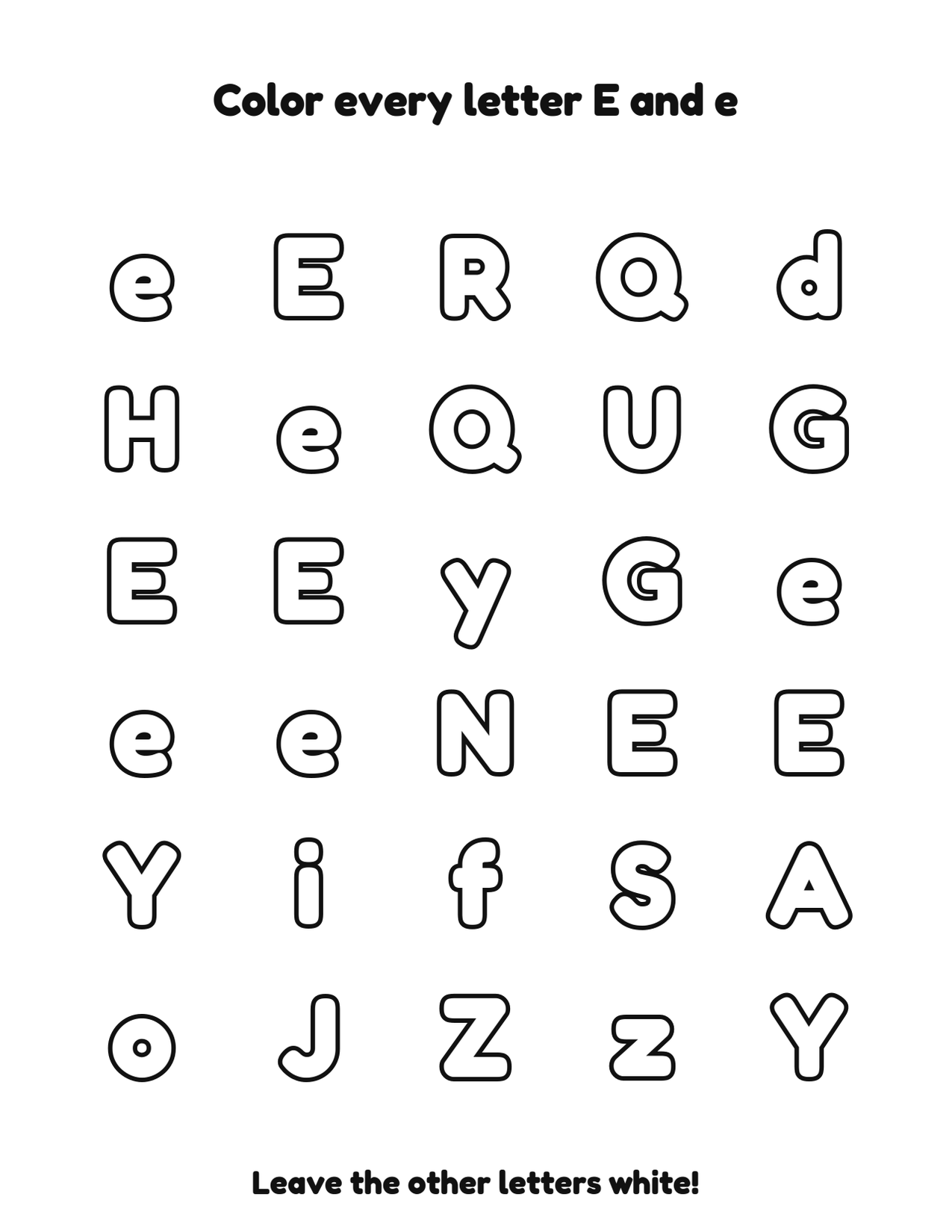 Color every letter E and e letter recognition coloring worksheet