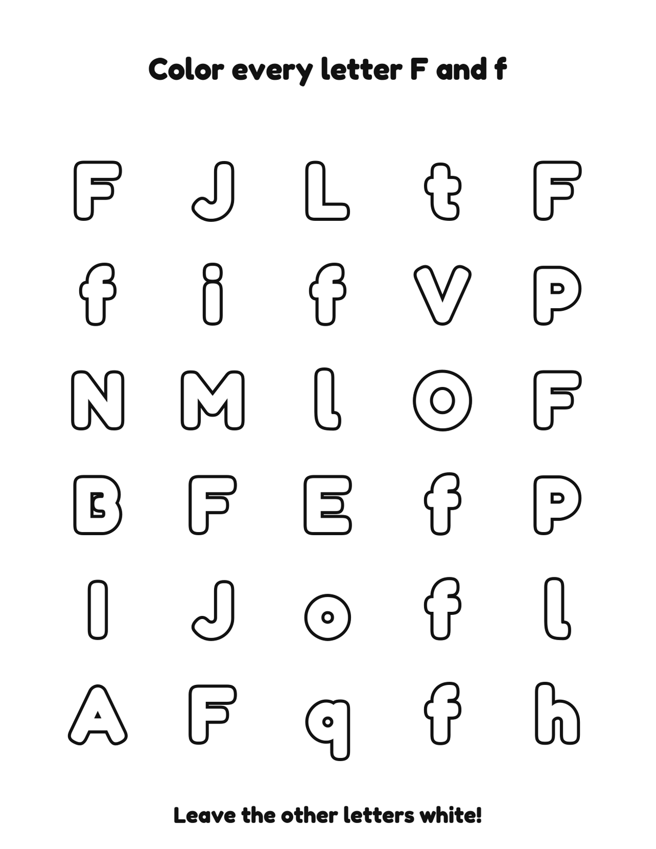 Color every letter F and f letter recognition coloring worksheet