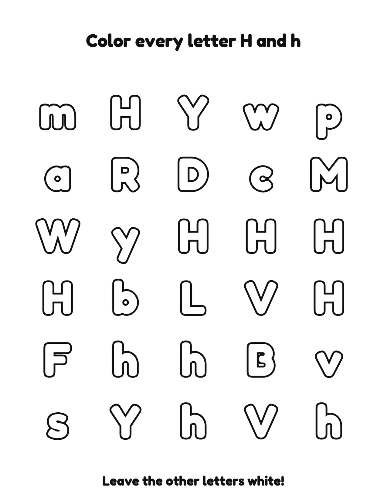 Color every letter H and h letter recognition coloring worksheet