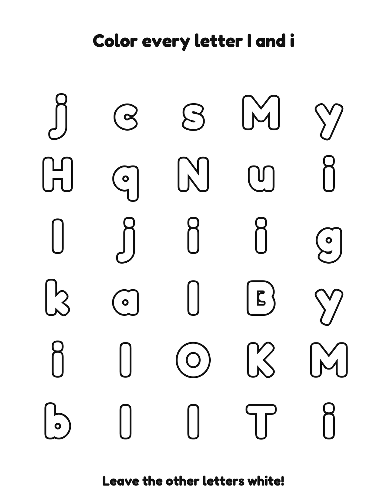 Color every letter I and i letter recognition coloring worksheet