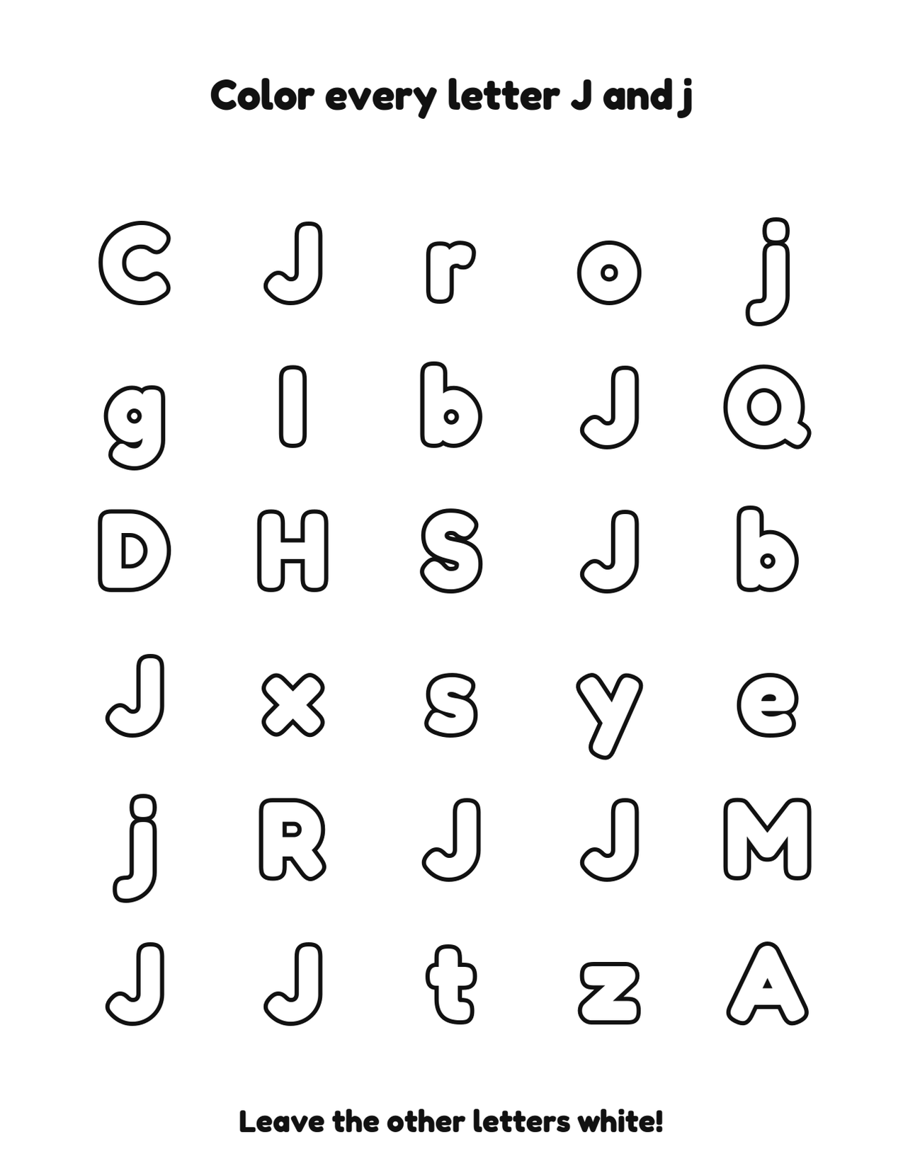 Color every letter J and j letter recognition coloring worksheet