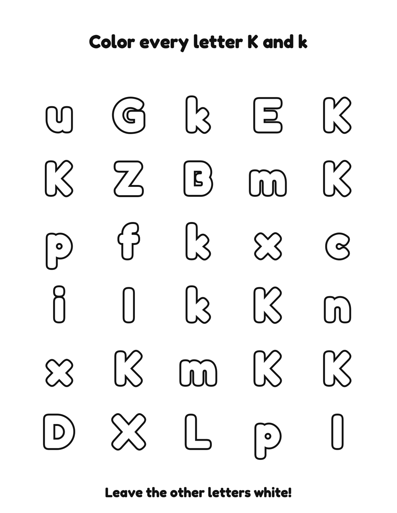 Color every letter K and k letter recognition coloring worksheet