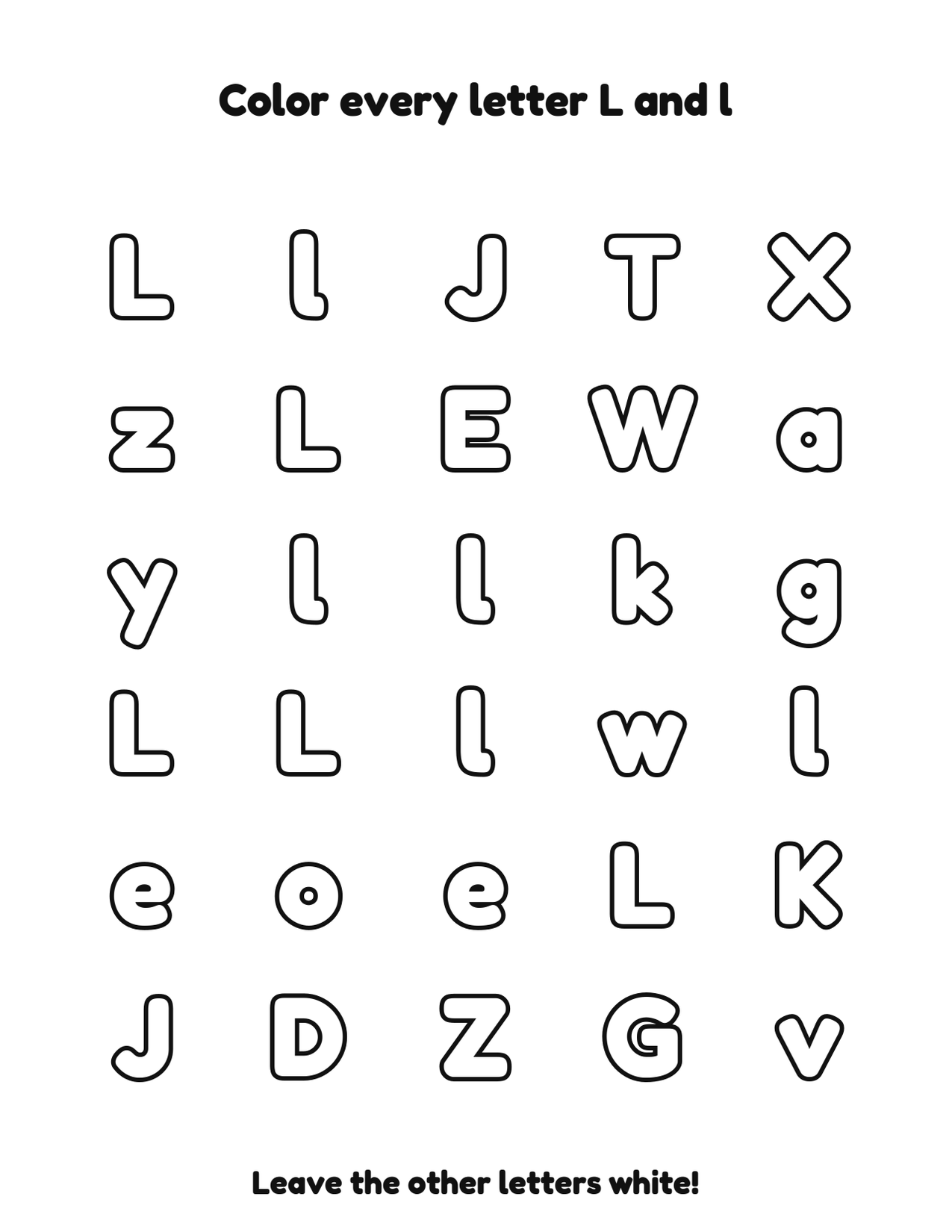 Color every letter L and l letter recognition coloring worksheet