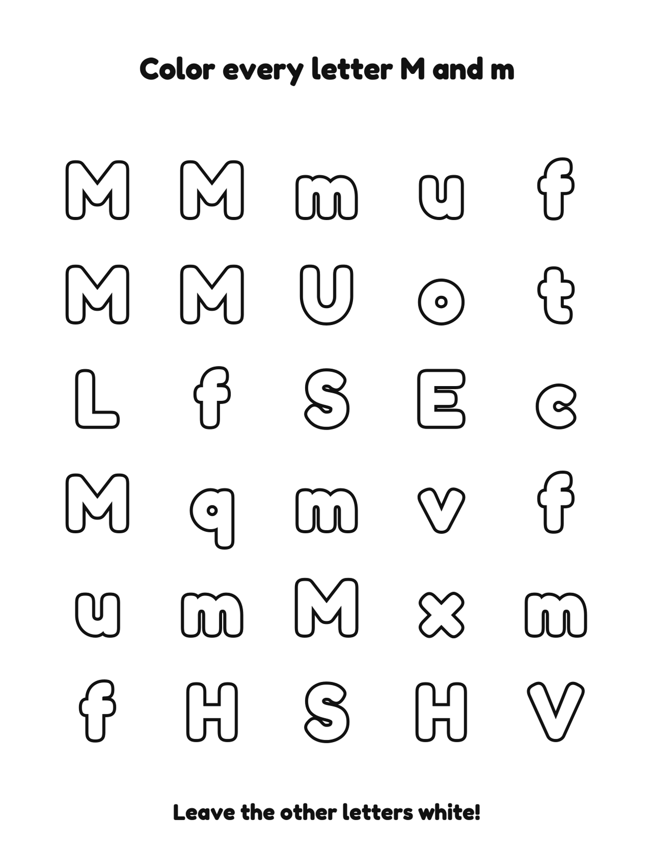 Color every letter M and m letter recognition coloring worksheet
