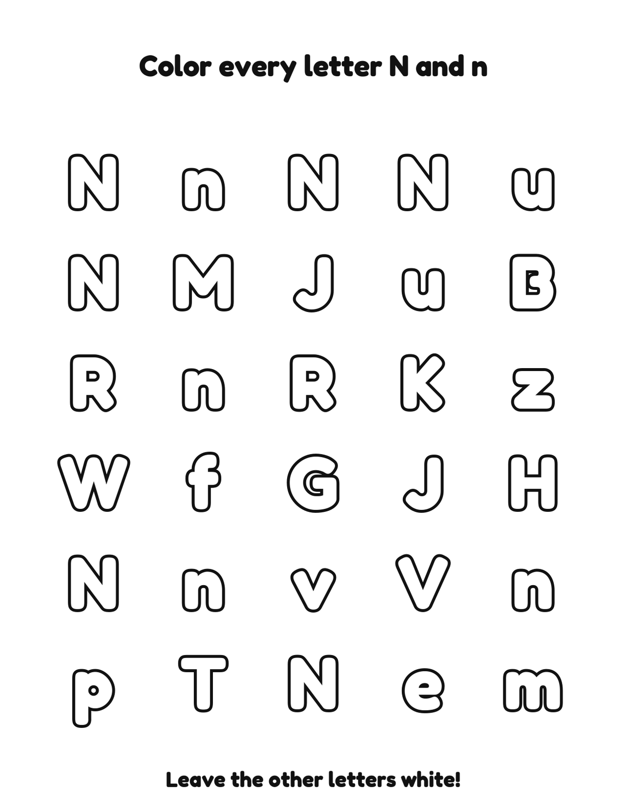 Color every letter N and n letter recognition coloring worksheet