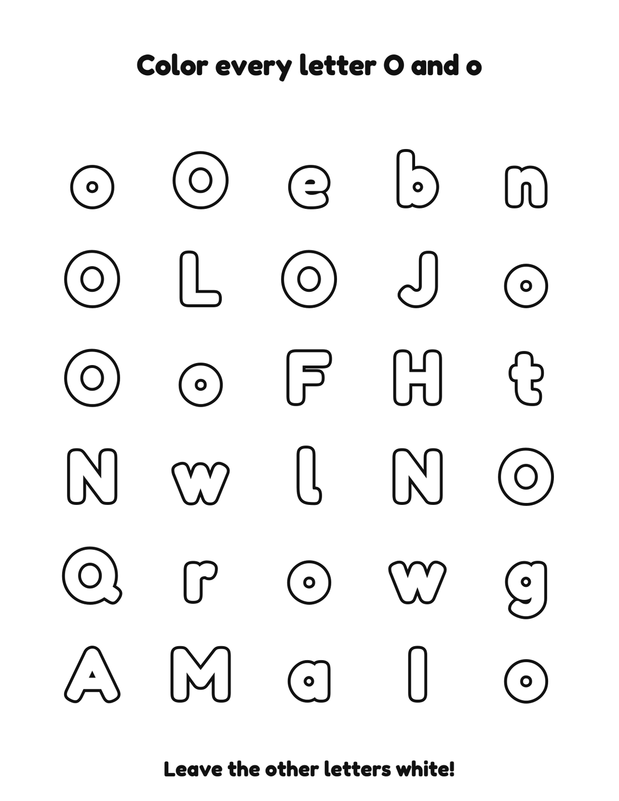 Color every letter O and o letter recognition coloring worksheet