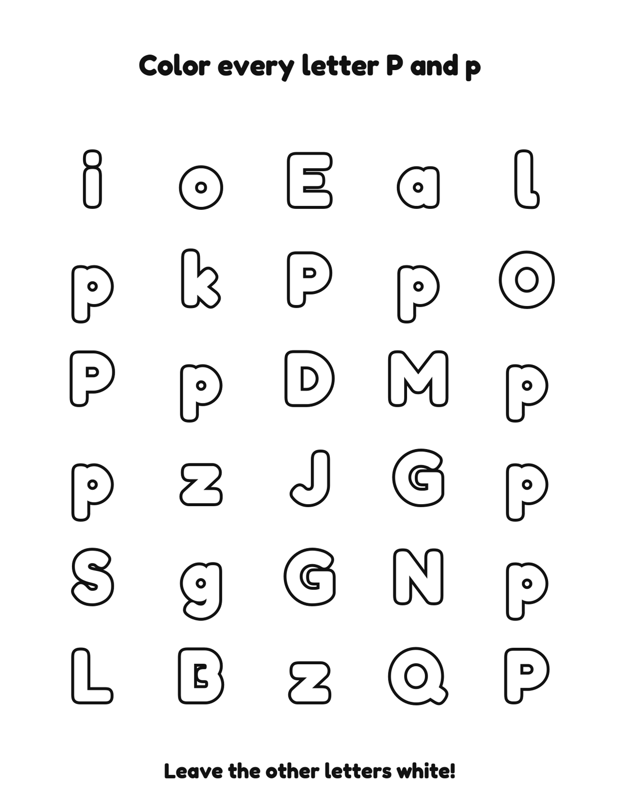 Color every letter P and p letter recognition coloring worksheet
