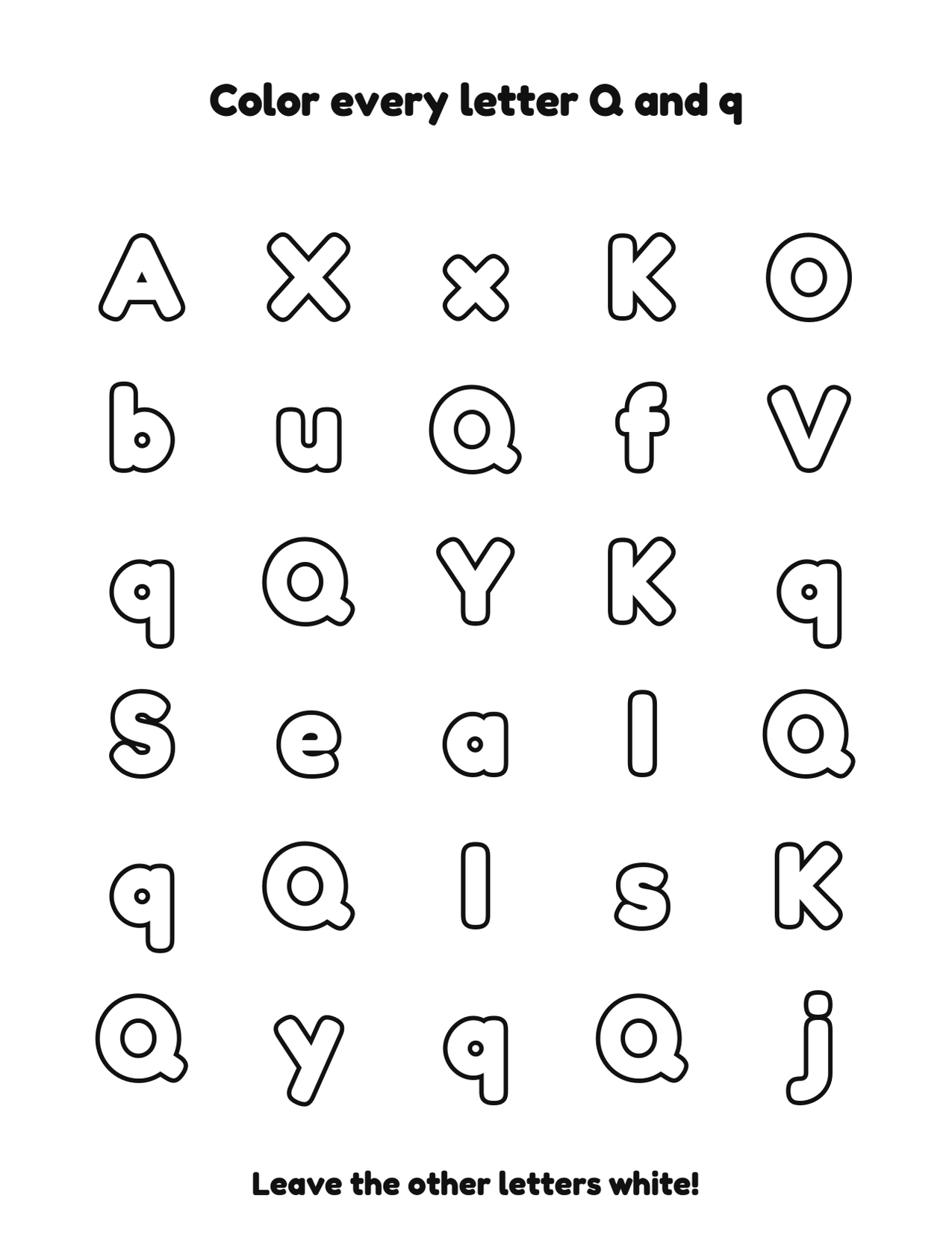 Color every letter Q and q letter recognition coloring worksheet
