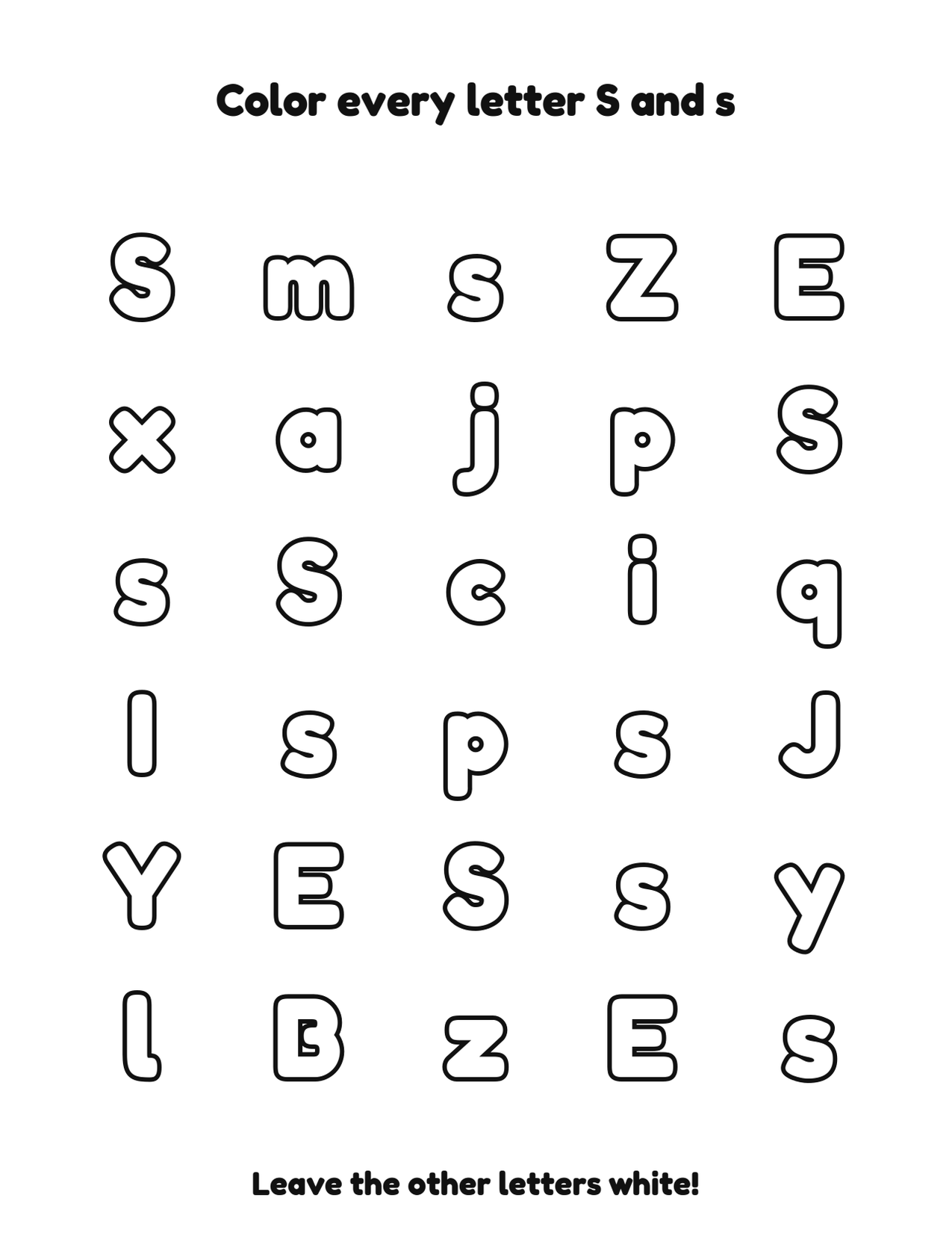 Color every letter S and s letter recognition coloring worksheet