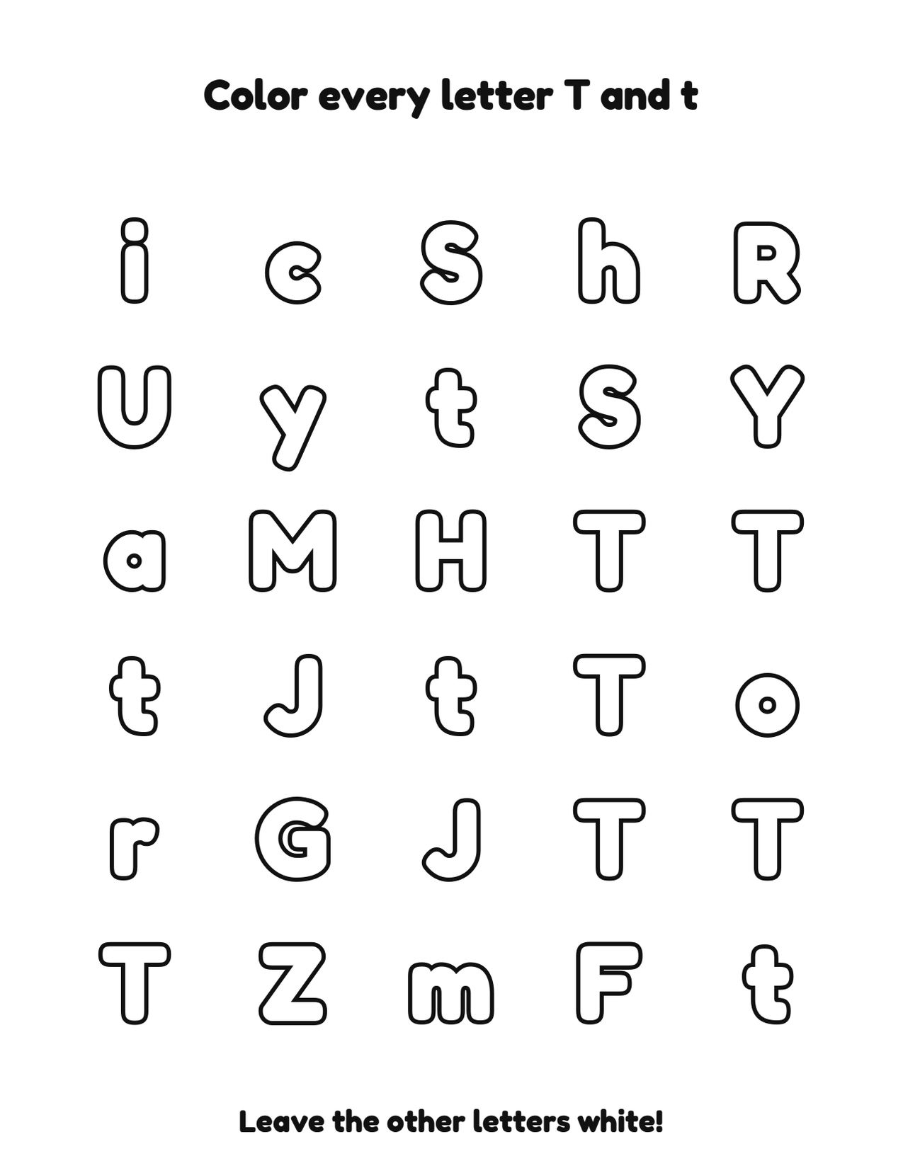 Color every letter T and t letter recognition coloring worksheet