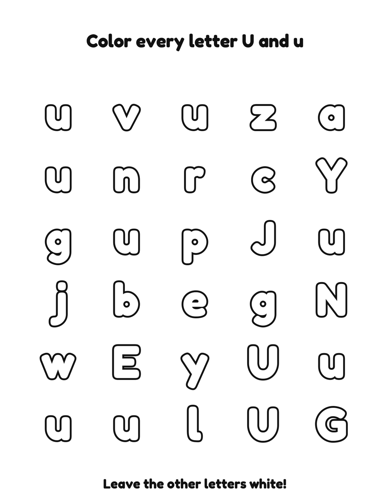 Color every letter U and u letter recognition coloring worksheet