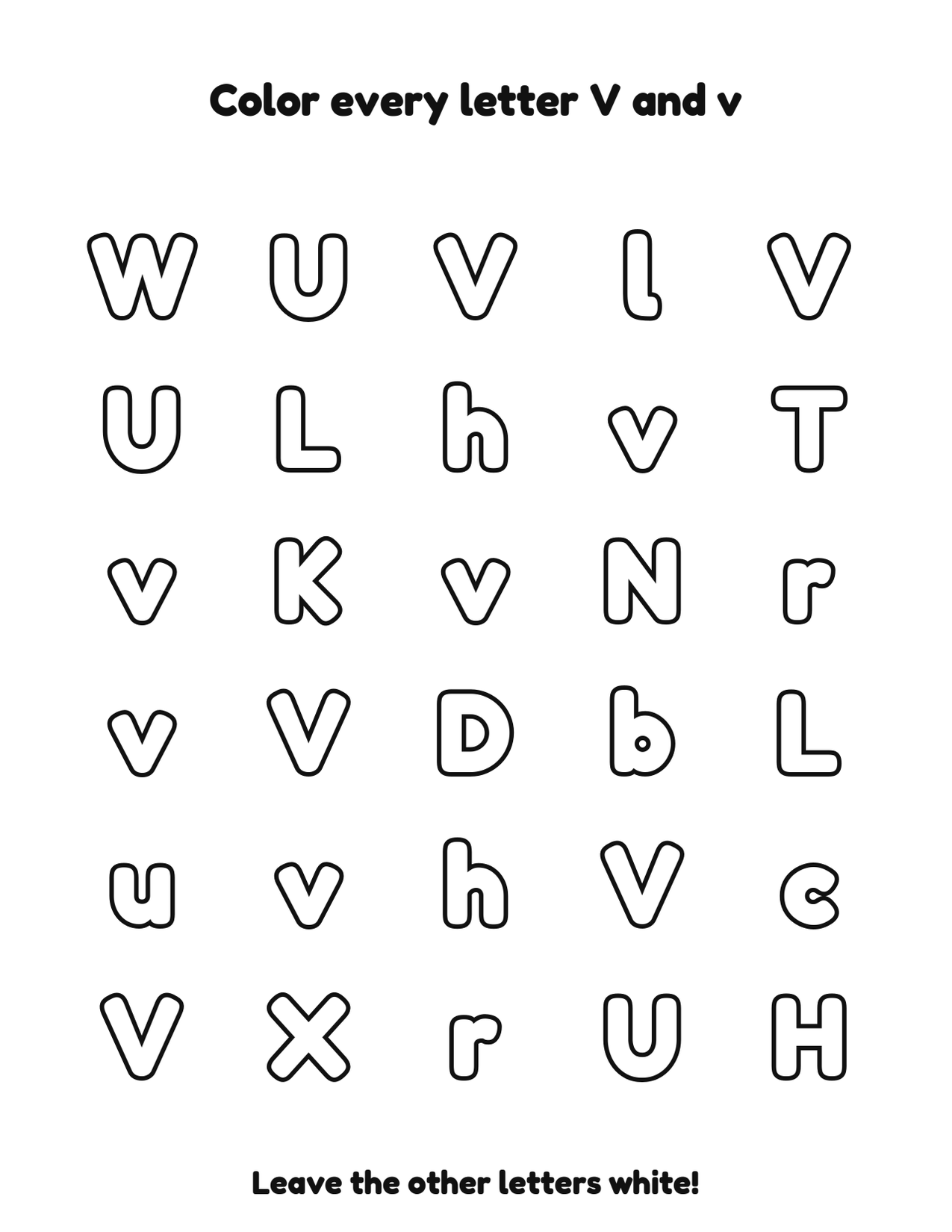 Color every letter V and v letter recognition coloring worksheet