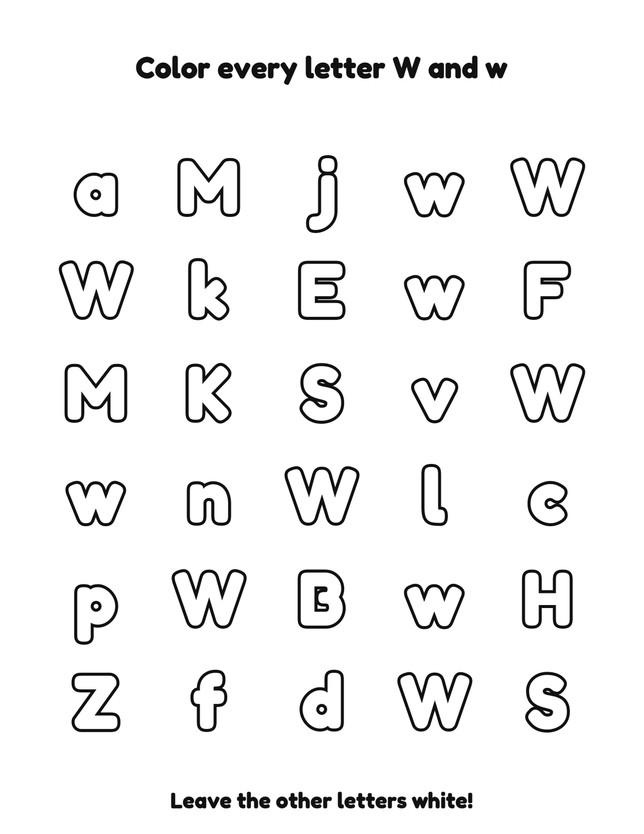 Color every letter W and w letter recognition coloring worksheet