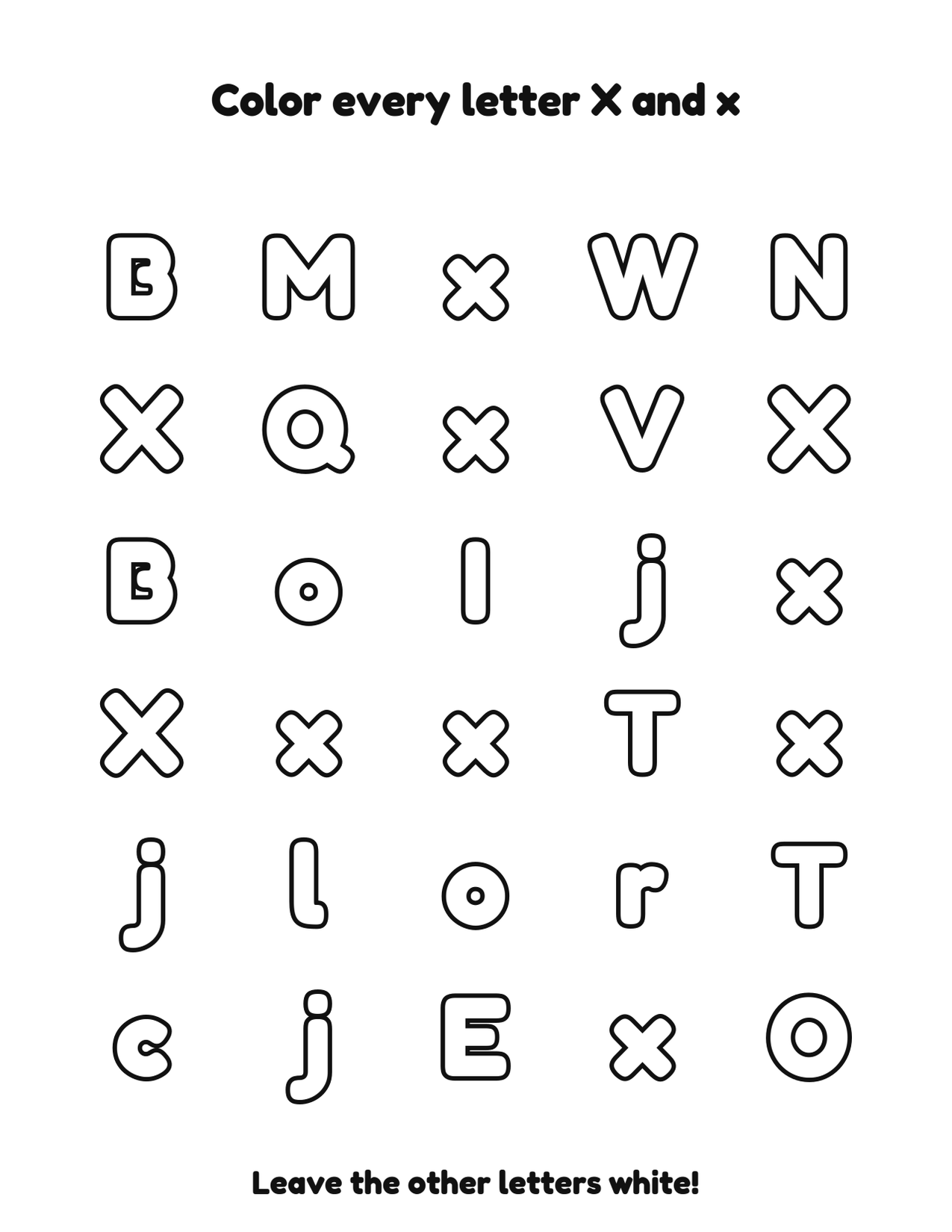 Color every letter X and x letter recognition coloring worksheet
