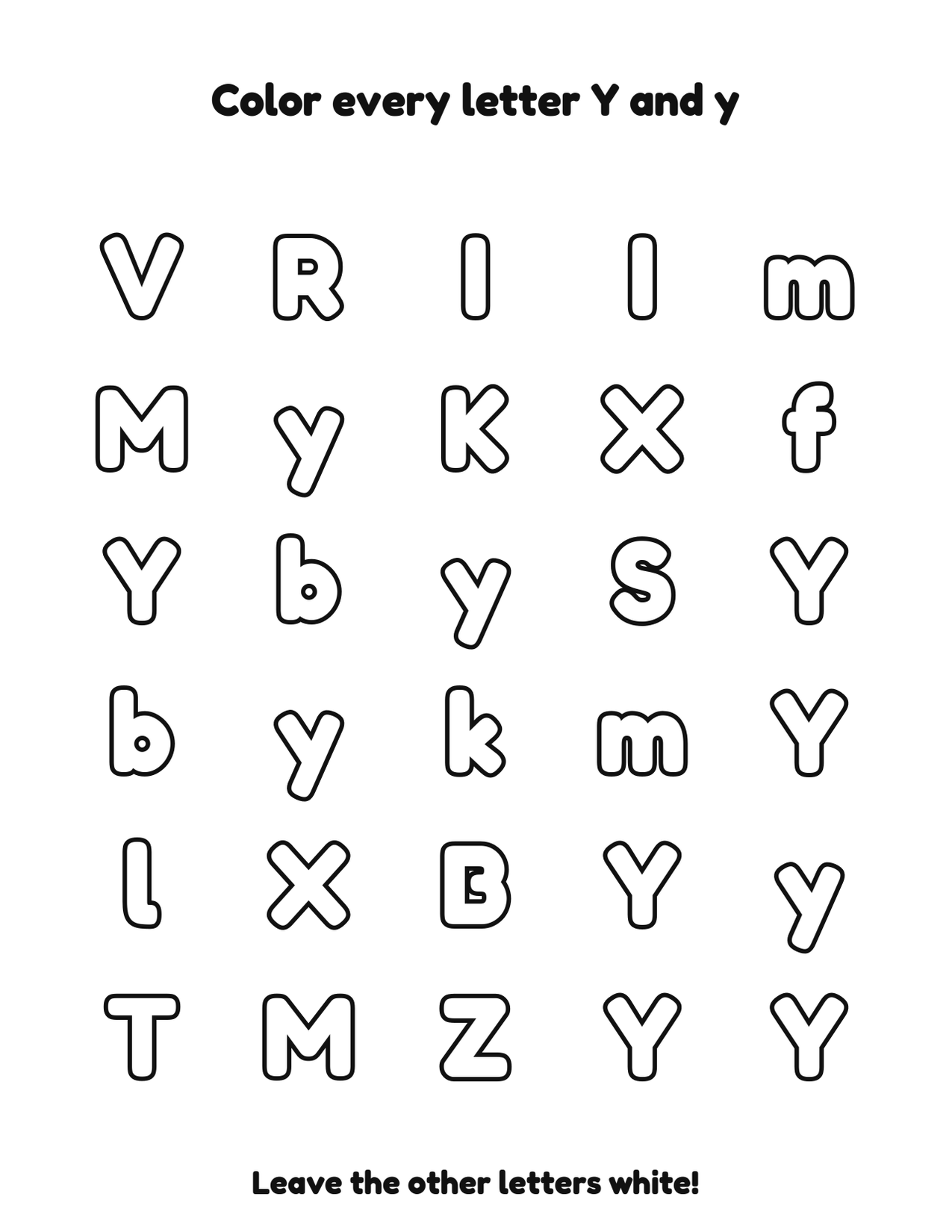 Color every letter Y and y letter recognition coloring worksheet