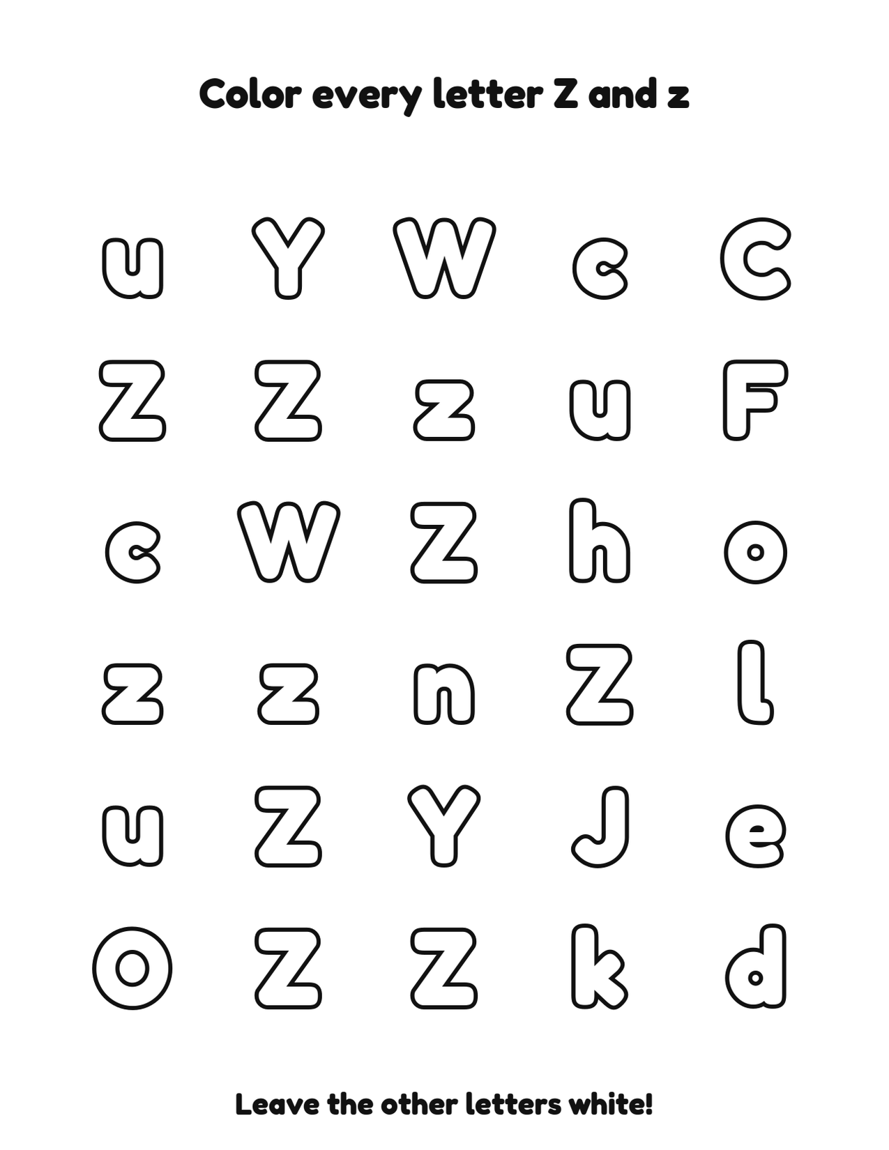 Color every letter Z and z letter recognition coloring worksheet